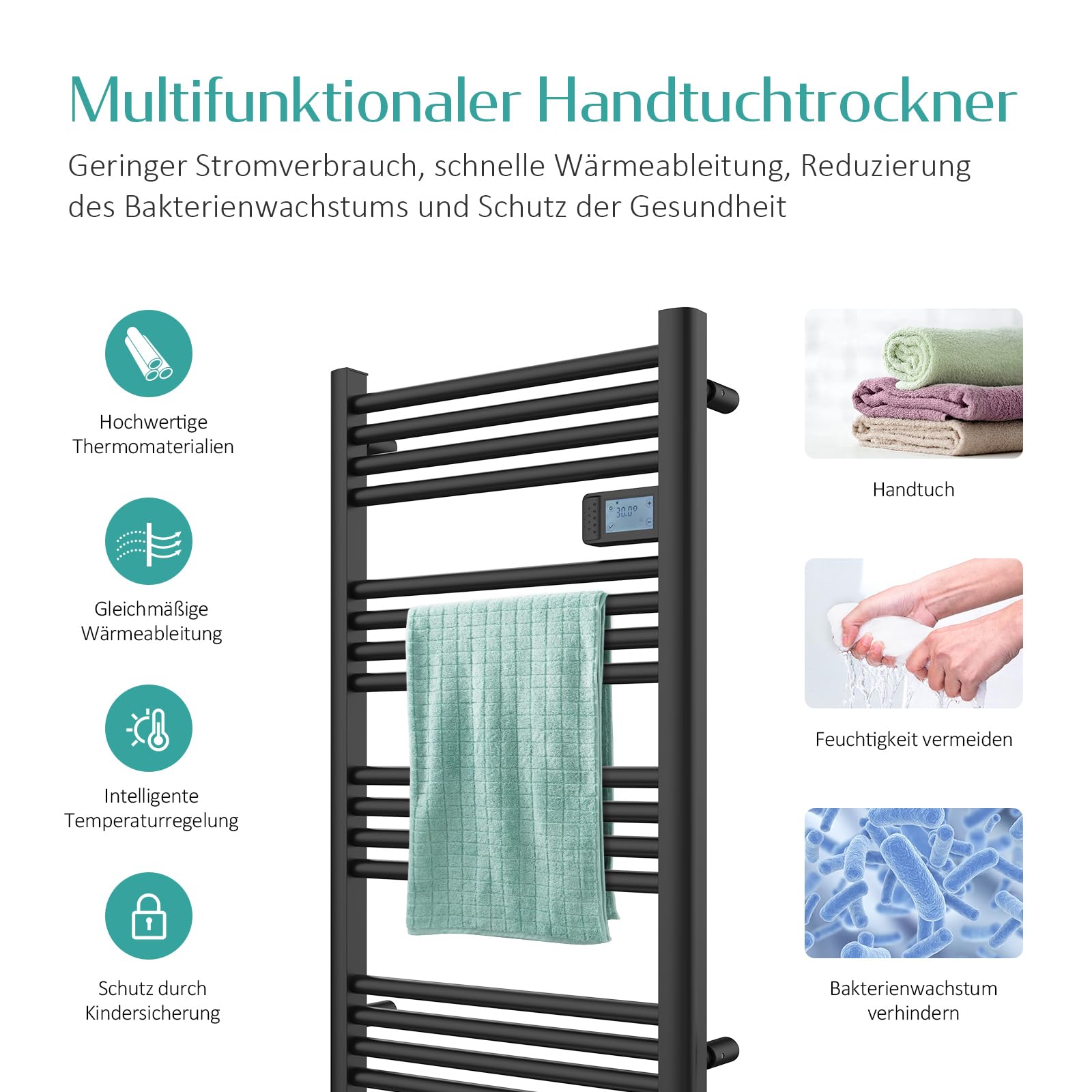EMKE Elektrischer Handtuchheizkörper 96 x 40 cm, Badheizkörper Elektrisch mit Touchschalter Timer, Handtuchheizung Handtuchtrokner Handtuchwärmer Elektrisch Schwarz Matt 300W