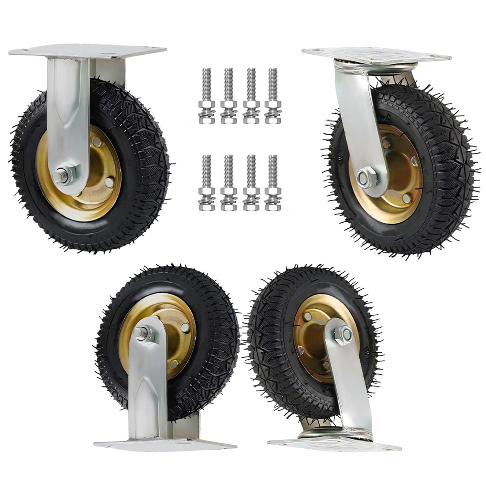 Jeu de roulettes robustes 15 cm : 2 fixes et 2 pivotantes en caoutchouc gonflable