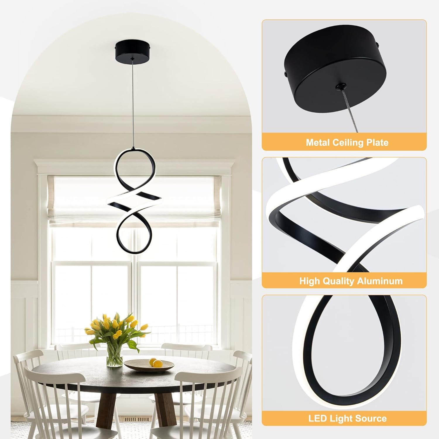 MAYNA Modern Spiral Led Chandelier, 4000K Pendant Light Kitchen Island, 18W Adjustable Height Island Light Fixture for Kitchen Bedroom Kitchen Island Cafe, 3 Pack (Black)