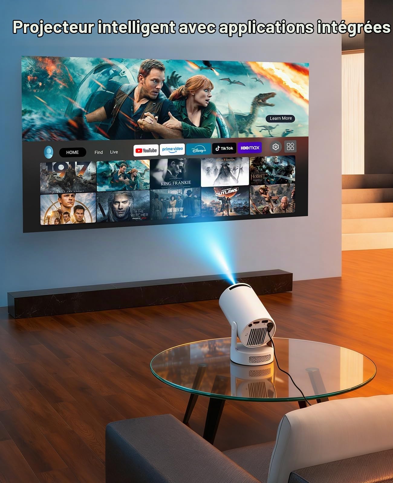 Vidéoprojecteur avec WiFi 6 et Bluetooth 5.4,Mini Portable Projecteur 4K 1080P Auto Keystone Correction 180° Rotation,Compatibile avec HDMI/TV Stick/Memory Stick/Laptop/USB,Home Cinéma,Blanc
