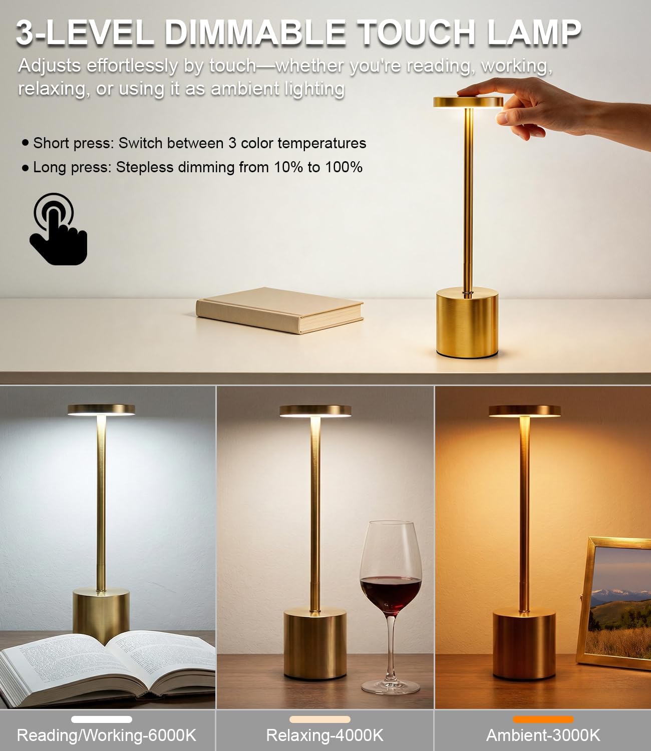 Cordless Table Lamp Set of 2, Gold 5000mAh Rechargeable Battery Operated Lamps, Wireless 3 Color Dimmable Touch Lamp Table Light for Restaurant Dining Patio Outdoor, Home Decor