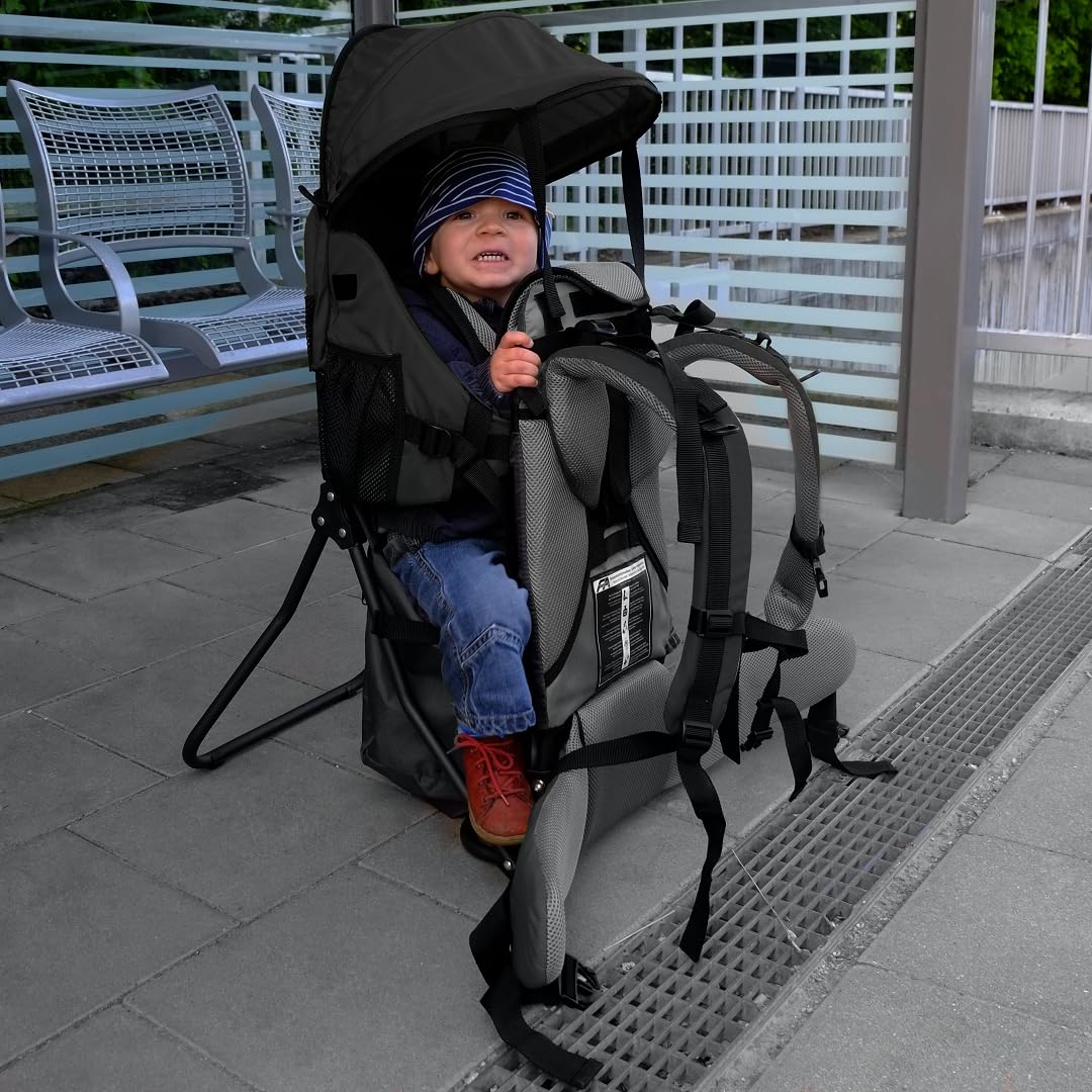 Lil' Boss Mochila Portabebés de Senderismo FASports, Ergonómica para Niños de 20–25 kg, con Techo para Lluvia y Sol, 50 x 38 x 90 cm