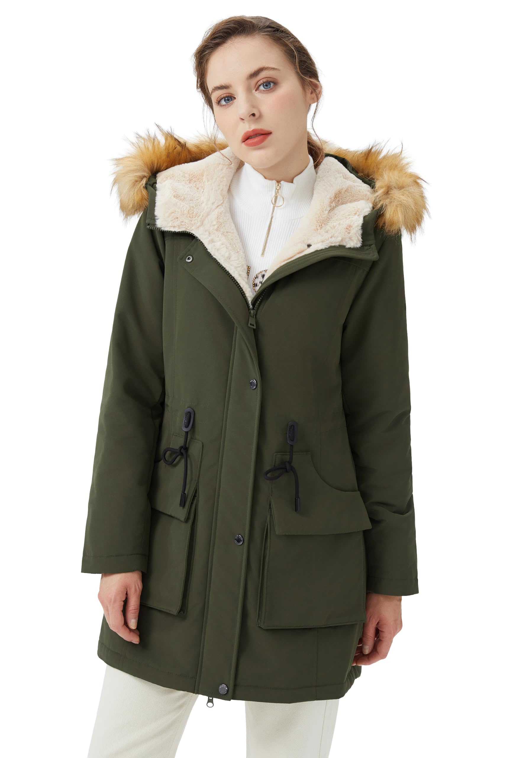 Orolay Damen-Parka mit Dickem Fleece-Futter Wintermantel Kapuzenjacke und Abnehmbarem Pelzkragen Olivgrün L