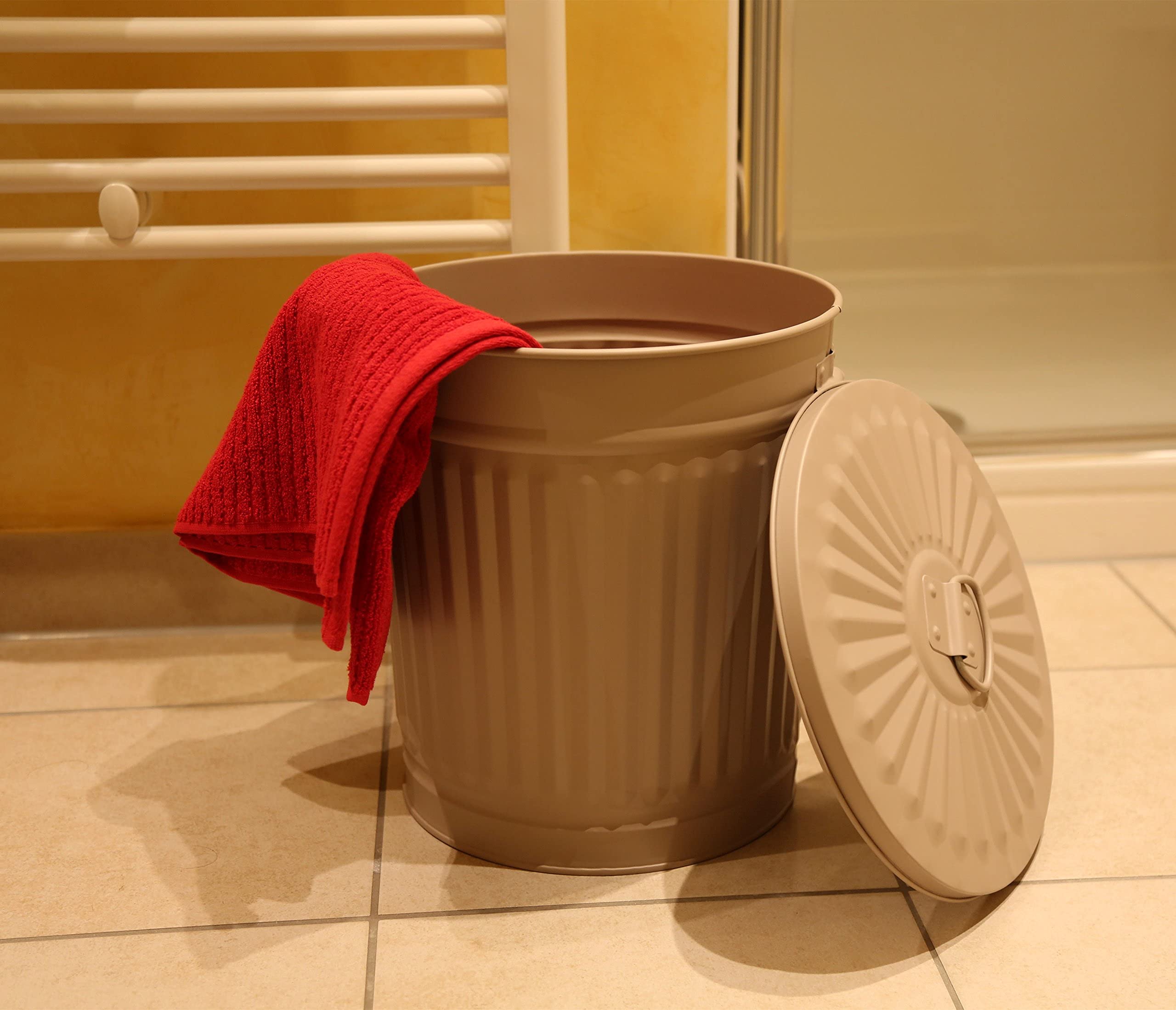 Cubo basura metalico grande cenizas basuras reciclaje exterior jardin con asas y tapa | Beige | Diámetro Ø 42 cm - Altura 47,5 cm | Capacidad: 62 litros