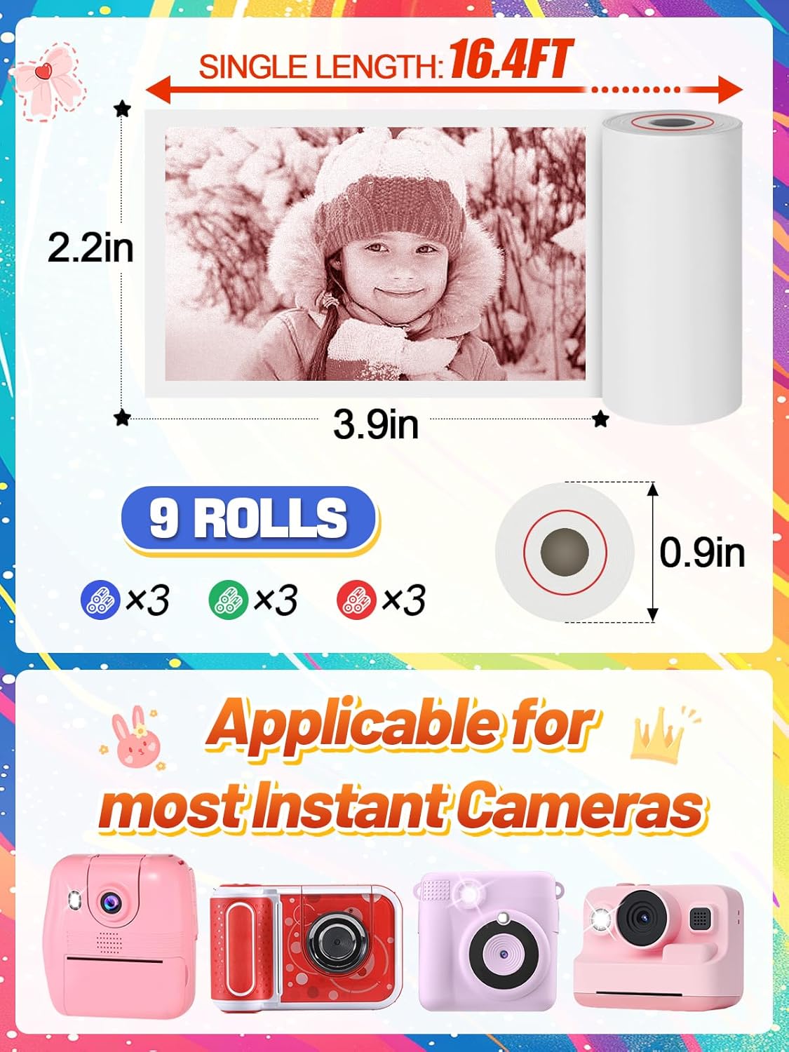 9 Rolls 3-color Kids Camera Paper Roll Refill - Color-Developing Red Green Blue, Thermal Instant Camera Photo Printer for 4 5 6 7 8 9 10 Year Old Girls Boys Birthday Gifts - Image 5