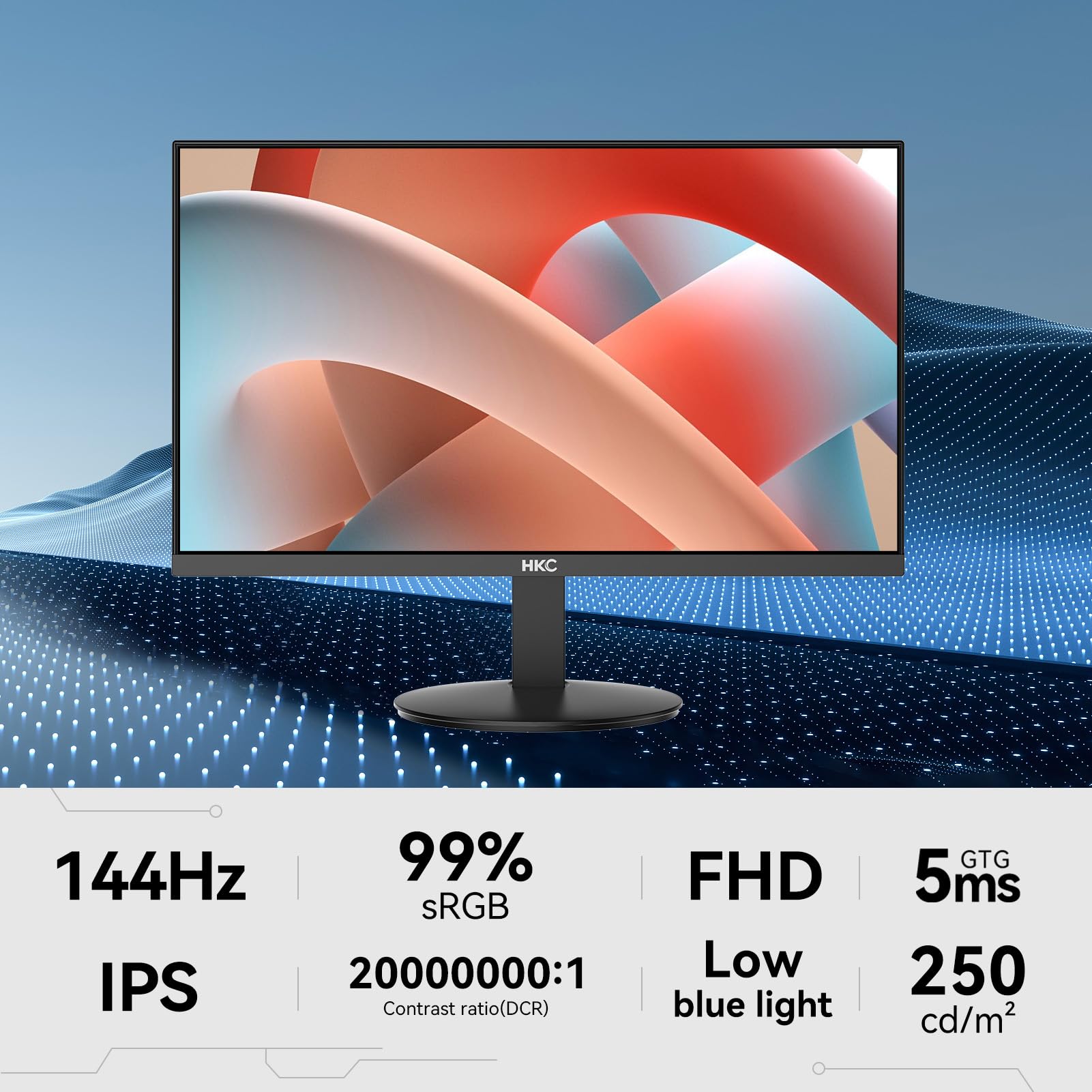 HKC 27 Pouces 144Hz Écran PC Gaming, FHD 1920 x 1080 Gaming Moniteur, Dalle IPS, 5ms, 99% sRGB, Adaptive Sync, Eye Care, Flicker Free, inclinable de -5° à 15°,HDMI 1.4/VGA, VESA 100 x 100mm, V2718S