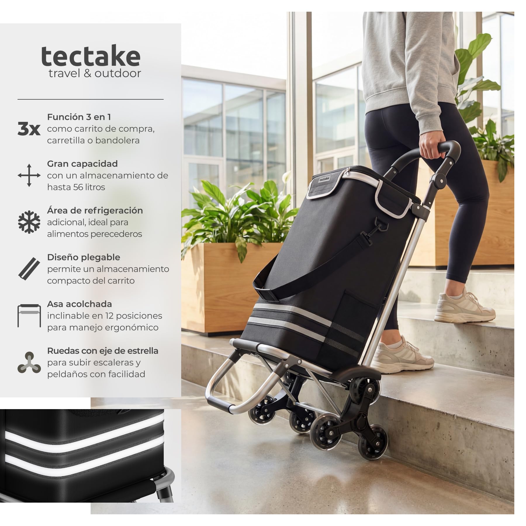 tectake® Carro de la Compra Plegable con Bolsa Termica, Carrito Compra 3 en 1 con 6 Ruedas, Capacidad 56L, Carro Plegable con Ruedas de Estrella para Supermercado y Viajes - Negro