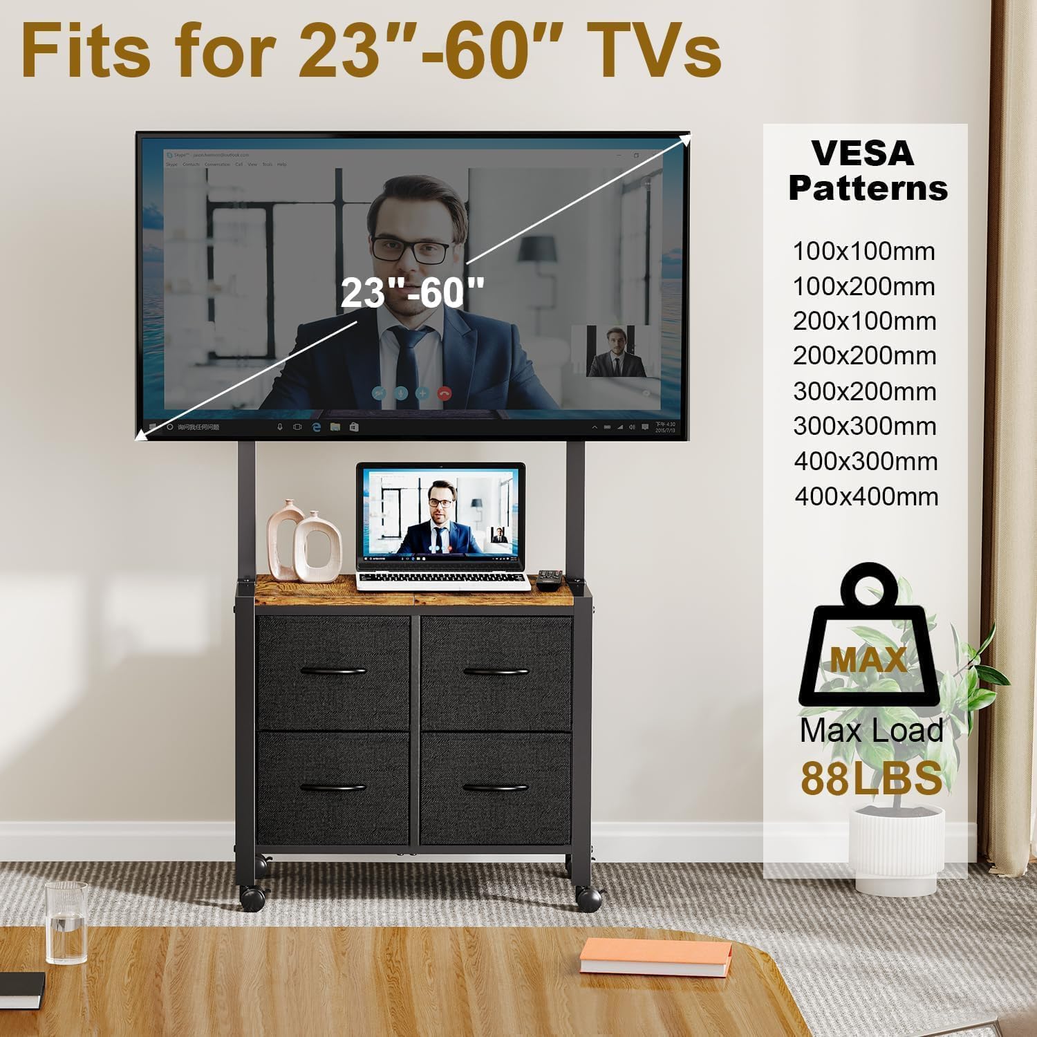 Cottage Charm Mobile TV Cart Rolling TV Stand Holder with 4 Drawer, for 23-60 inch Flat/Curved Screens,Portable Corner Floor TV Stand on Wheels, Holds Up 88Lbs with Wood Shelf, for Living Room Bedroom