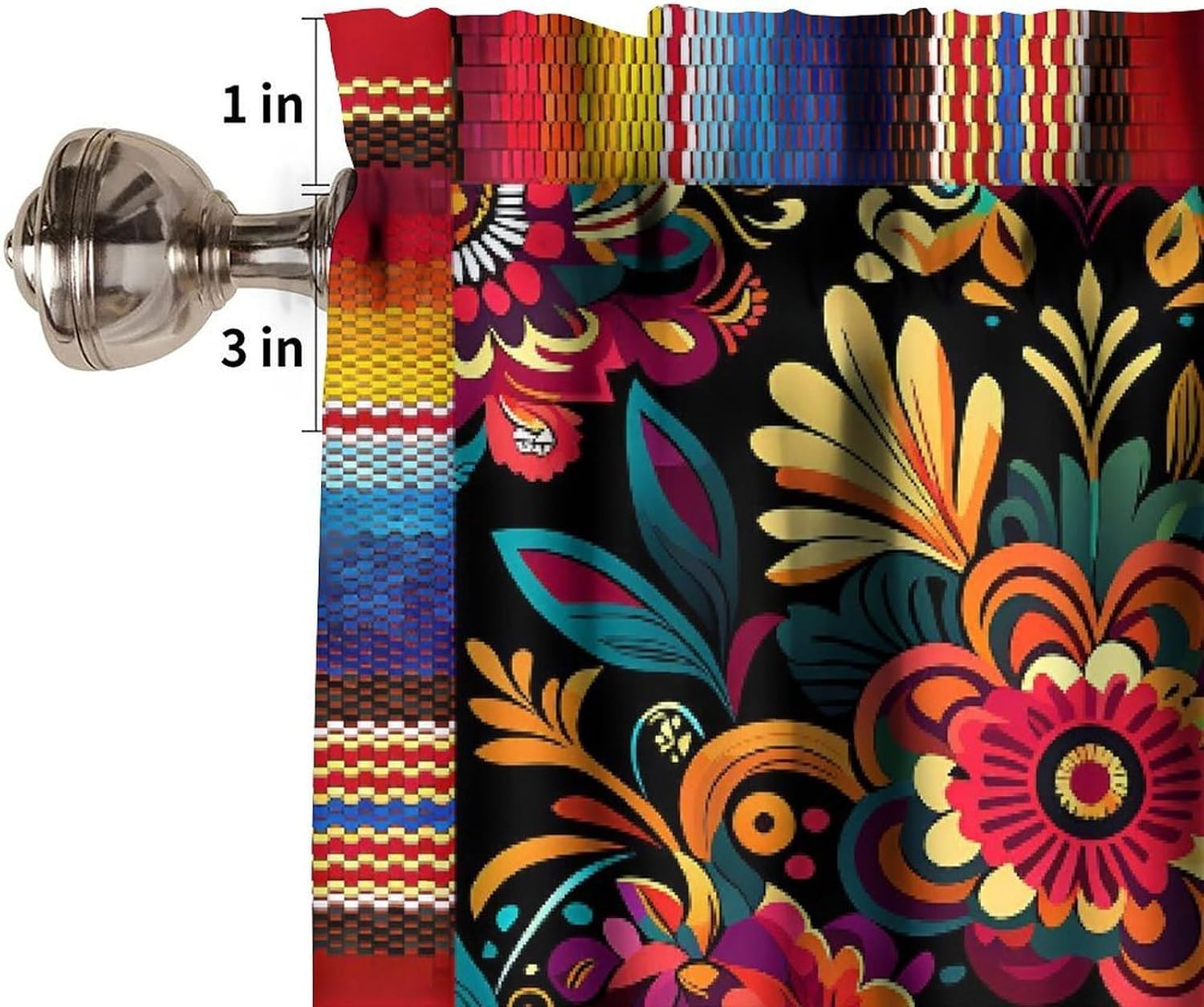 Mexican Floral Valance Curtains,Boho Colorful Retro Flowers Cinco De Mayo Decor Short Drape for Living Room Cafe Restaurant Window Treatment 1 Panel 54" W x 18" L Inch