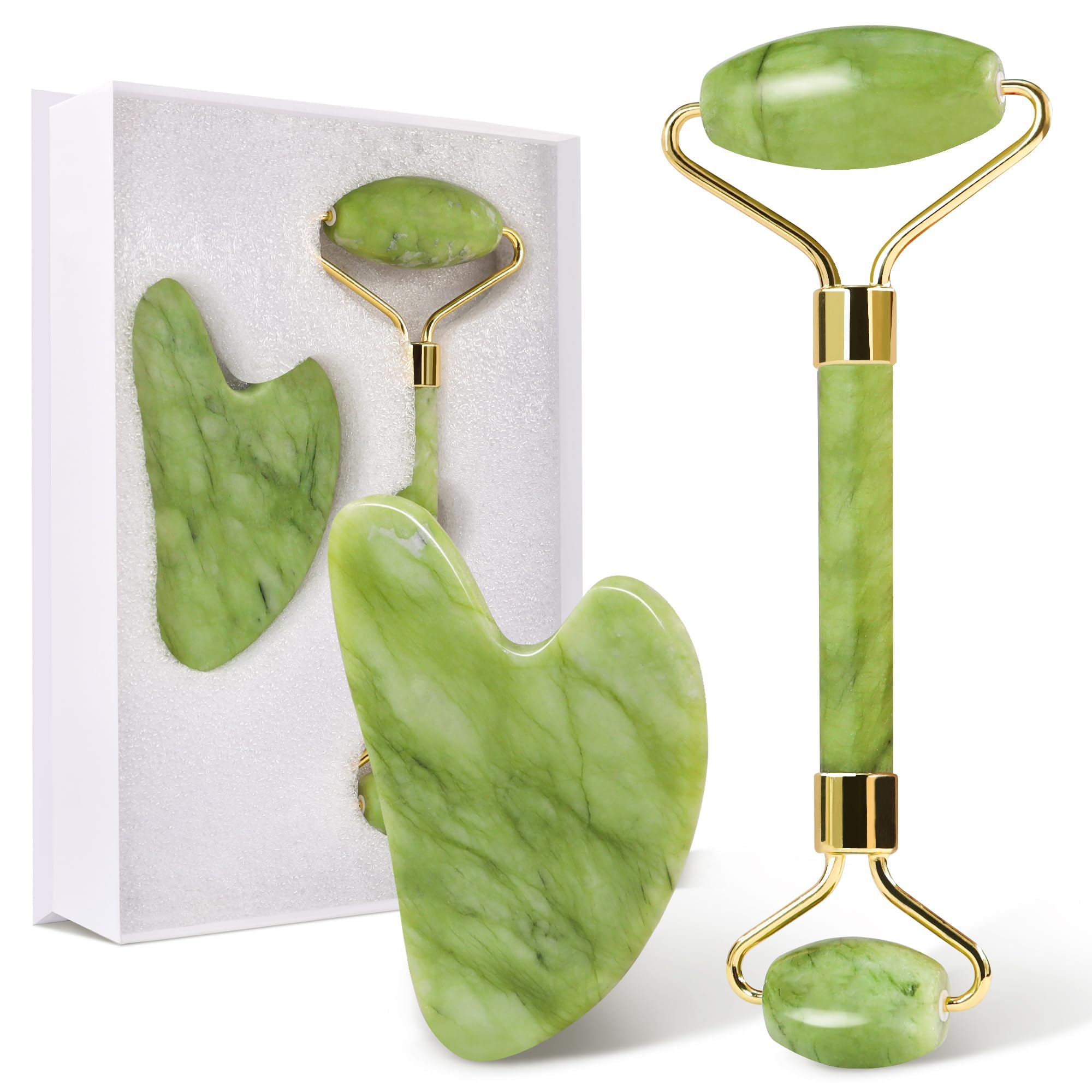 Gua Sha y Rodillo Facial de Jade 100% Natural Antiarrugas para Tonificar y Reafirmar la Piel | Herramientas de Masaje Natural para Rejuvenecimiento y Relajación (Jade)
