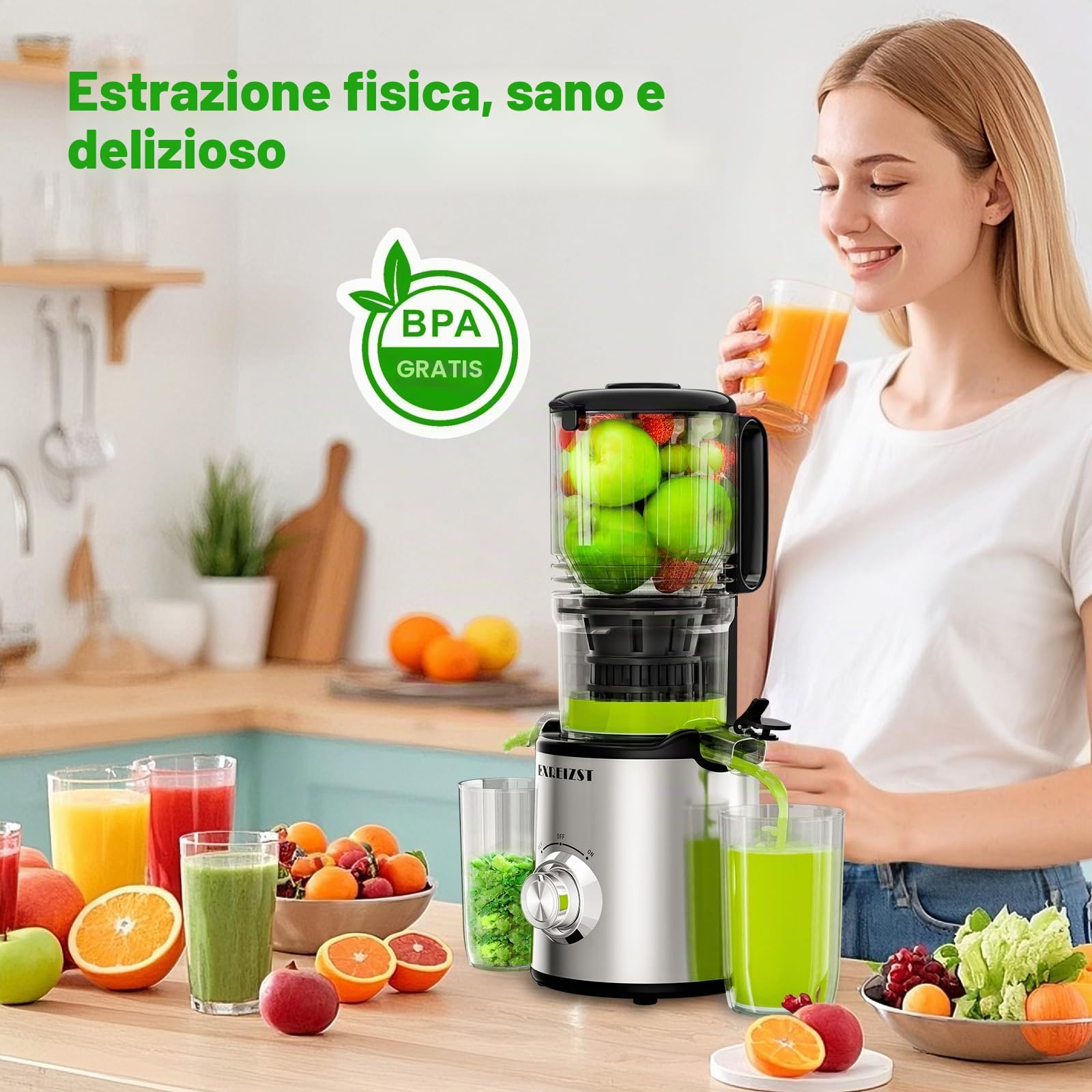 Exreizst Spremiagrumi Slow Juicer MP-802P | Vincitore del test con alloggiamento di riempimento grande da 130 mm e volume di riempimento da 1,5 l, senza BPA e materiale Tritan, facile da pulire