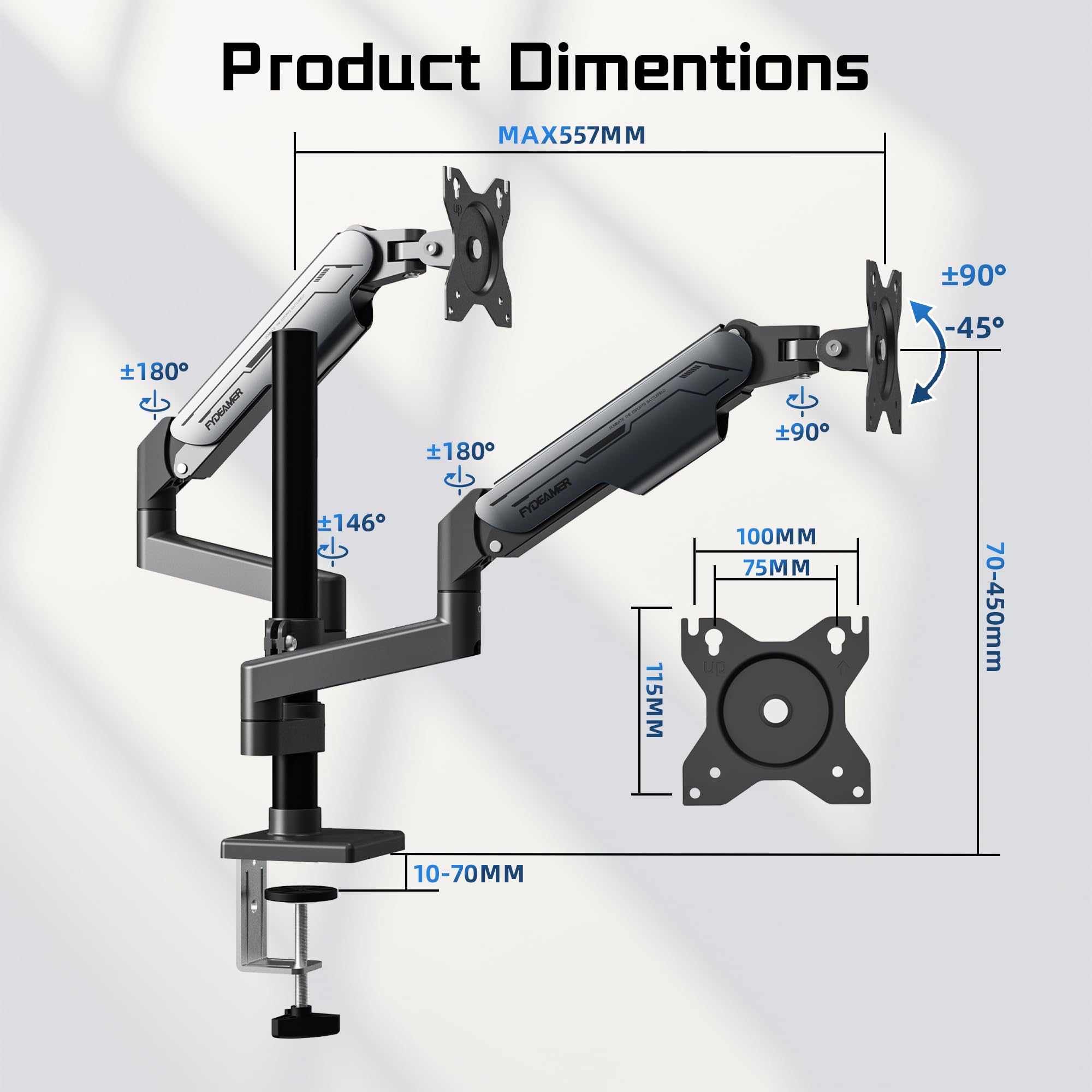 Fydeamer Dual Monitor Halterung, Monitor Arm mit Gasdruckfeder Höhenverstellbar Neigbar Schwenkbar, Bildschirmhalterung für 17-32 Zoll bis 9 kg, Verstellbarer VESA-Ständer 75/100 mm, Schwarz | Strapazierfähige vertikale Doppelhalterung, voll verstellbarer