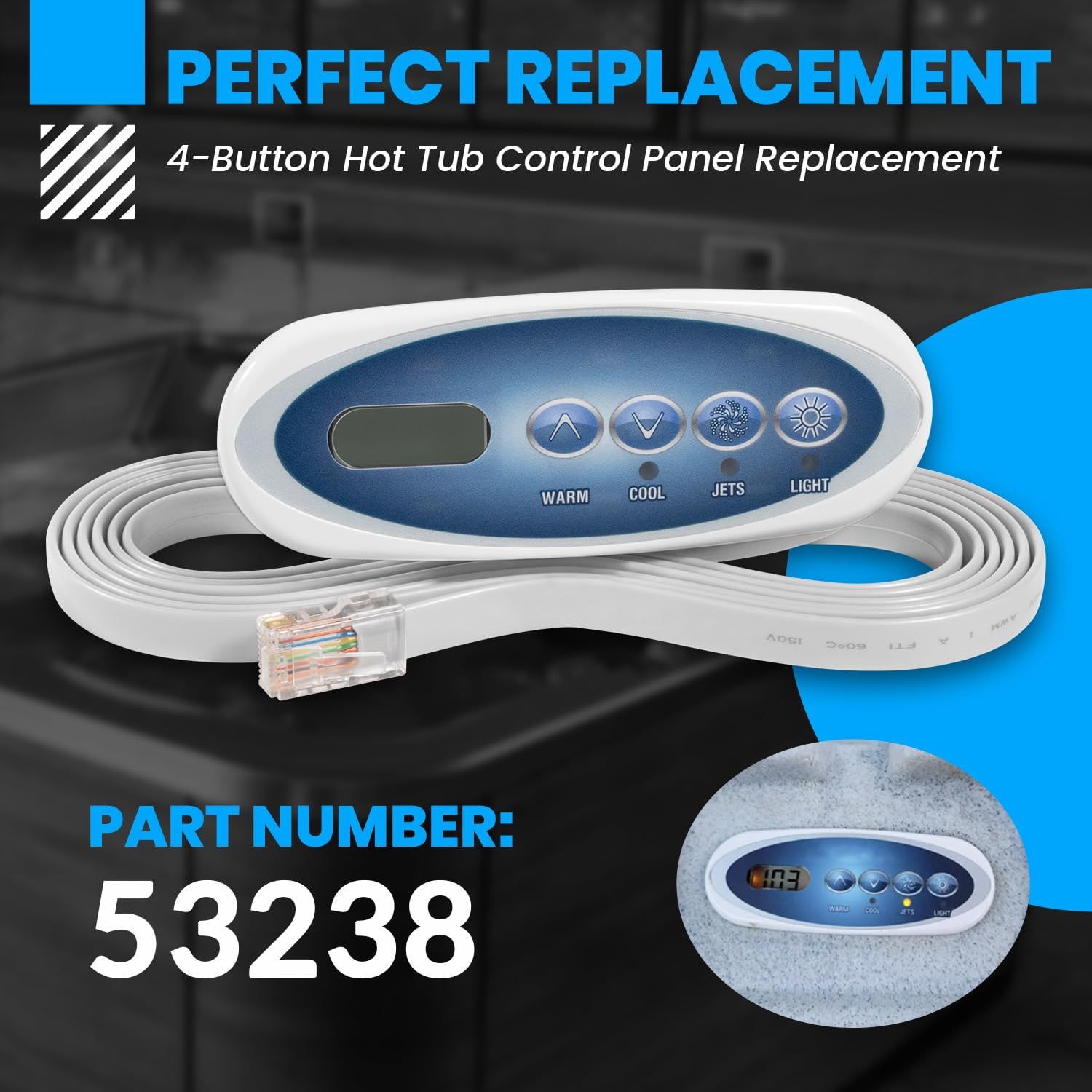 53238 Topside Control Panel Replace for Balboa 53238, 4-Button Hot Tub Control Panel VL200, for Mini Oval Heat Jacket (7ft. Cord)