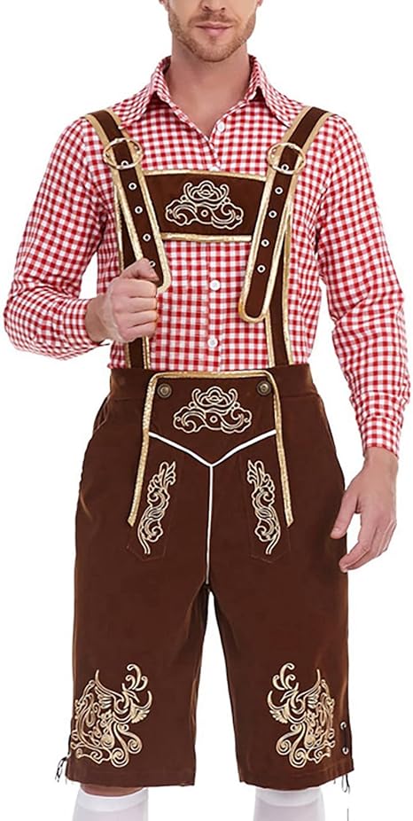 Costume Oktoberfest Homme Complet – Pantalon Cuir, Bretelles, Chaussettes Genoux Et Chapeau Feutre Bavarois