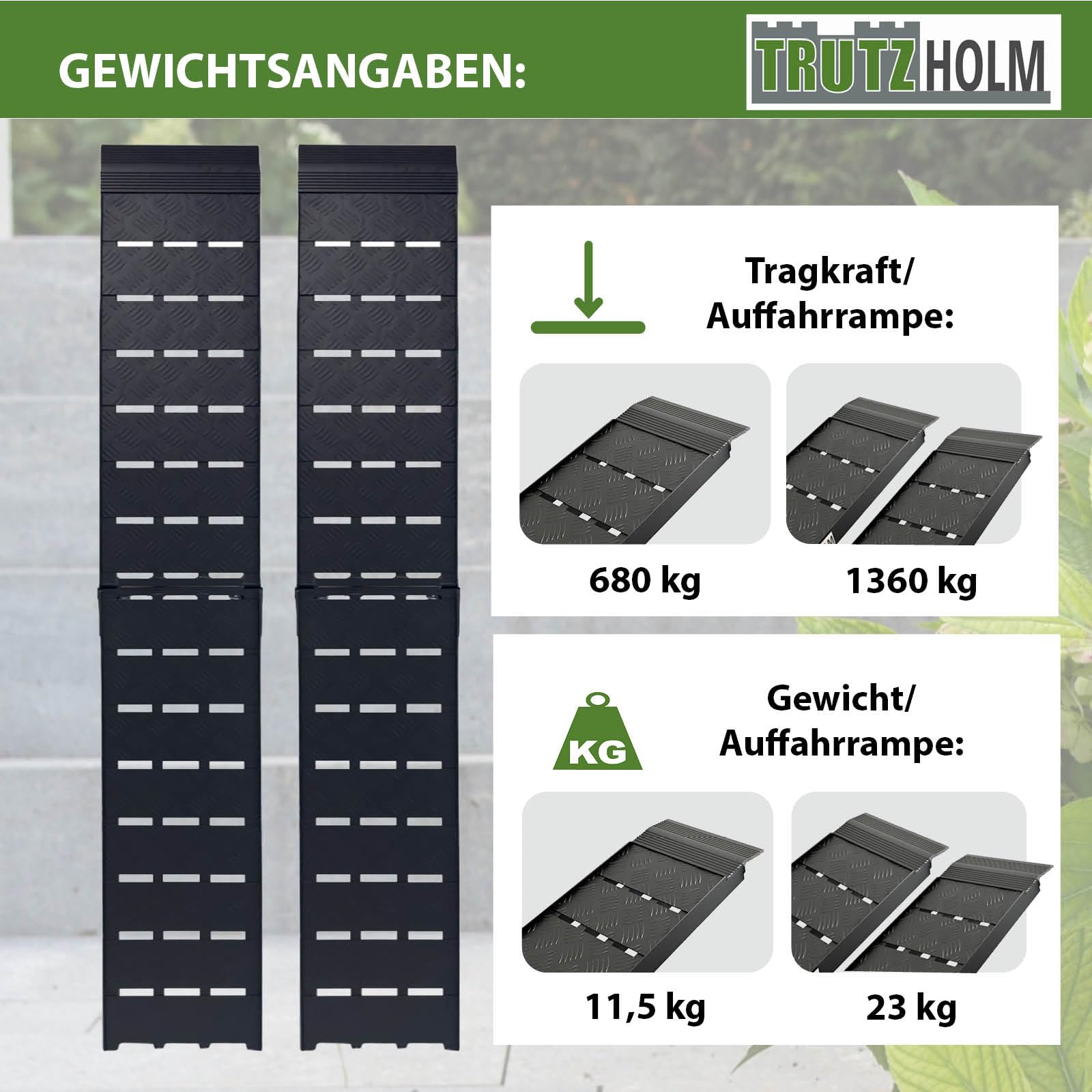 TRUTZHOLM 2 x Auffahrrampe 226 x 28,5 cm Traglast 1360 kg Alu klappbar geriffelt schwarz Motorradrampe Quadrampe