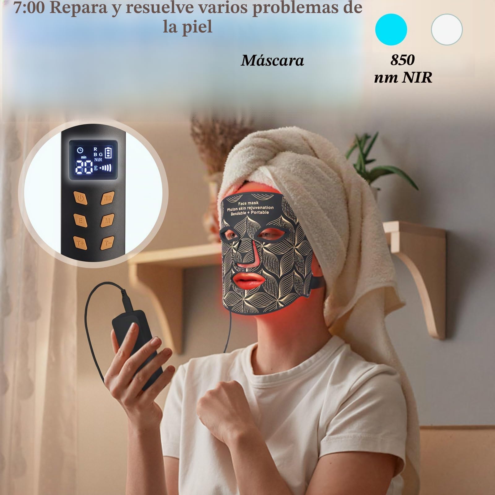 Terapia de luz roja facial, máscara facial LED de 7 colores, infrarrojo cercano, 850 nm, dispositivo portátil y recargable para el cuidado de la piel en casa y de viaje