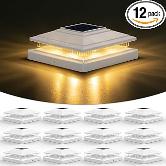 VOLISUN Solar Fence - Post Lights, Solar Post Cap Light Outdoor Waterproof 12pack, White Deck Cap Light Solar Powered, for 4x4 5x5 6x6 Wooden/Vinyl Post