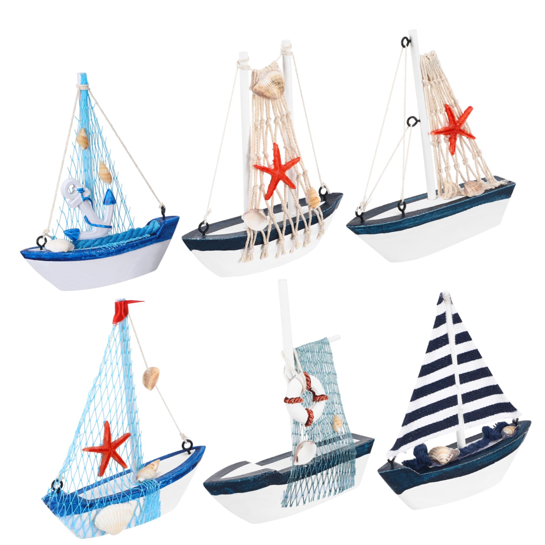 Happyyami 6Pcs Mediterranean Style Wooden Sailboat Models Nautical Decor for Home Office Elegant Tabletop Ornament Unique Themed Decoration Safe Density Board Material Random Color