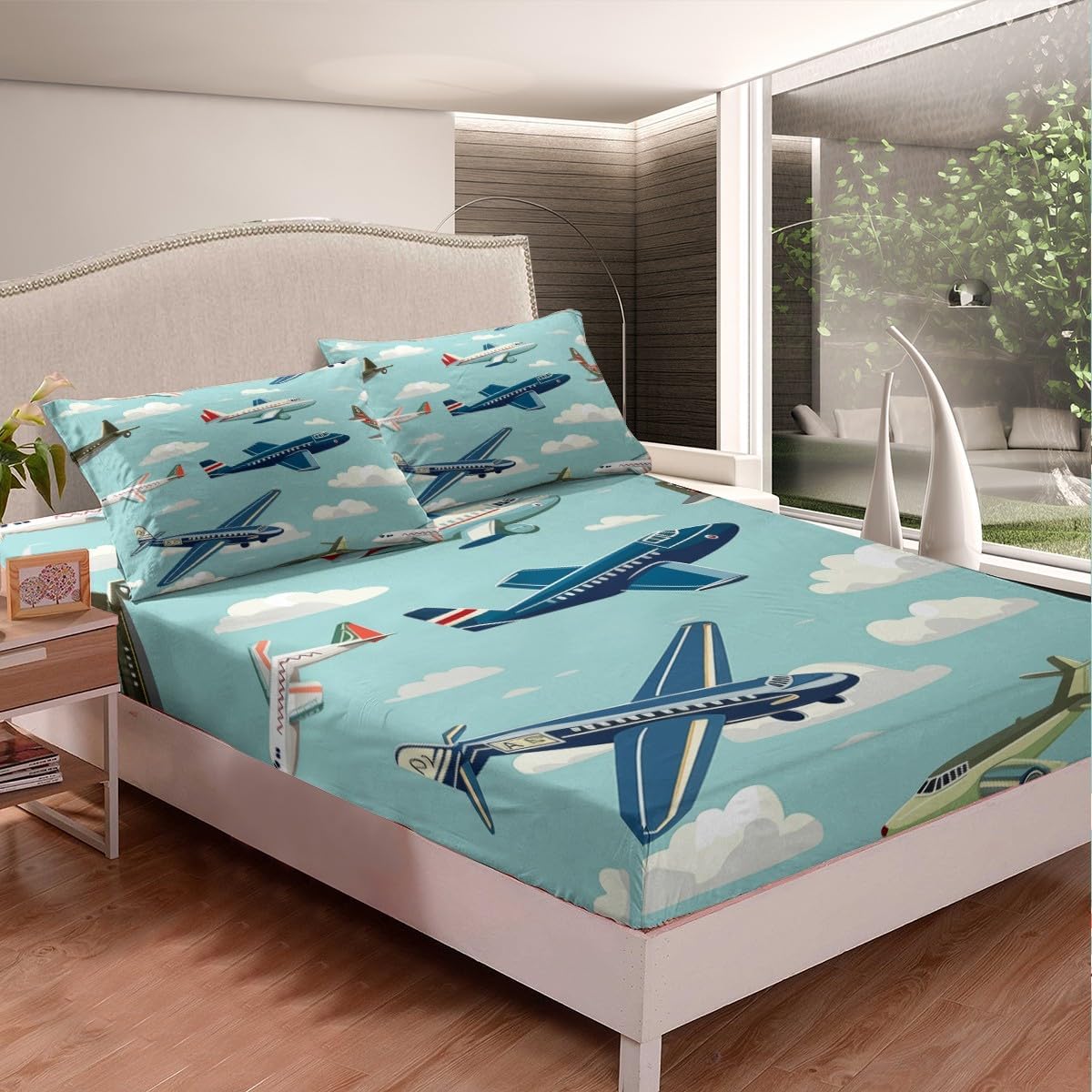 Erosebridal Kids Rainbow Plane Fitted Sheet Queen Size Cartoon Aircraft Bed Sheets for Boys,Transportation Airplane Theme Bedding Blue Sky White Cloud Bed Cover,Flying Vehicles Room Decor