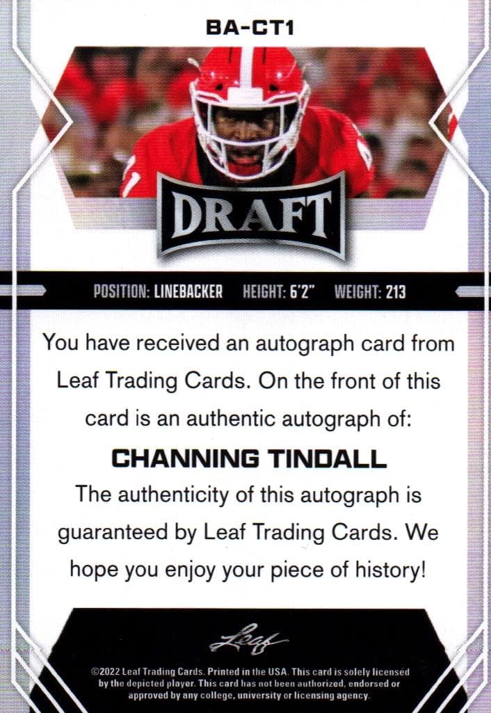 Channing Tindall Autographed Leaf Draft Rookie Card Collectible Football Card - 2022 Leaf Draft Football Card #BA-CT1 (Georgia) Free Shipping & Tracking