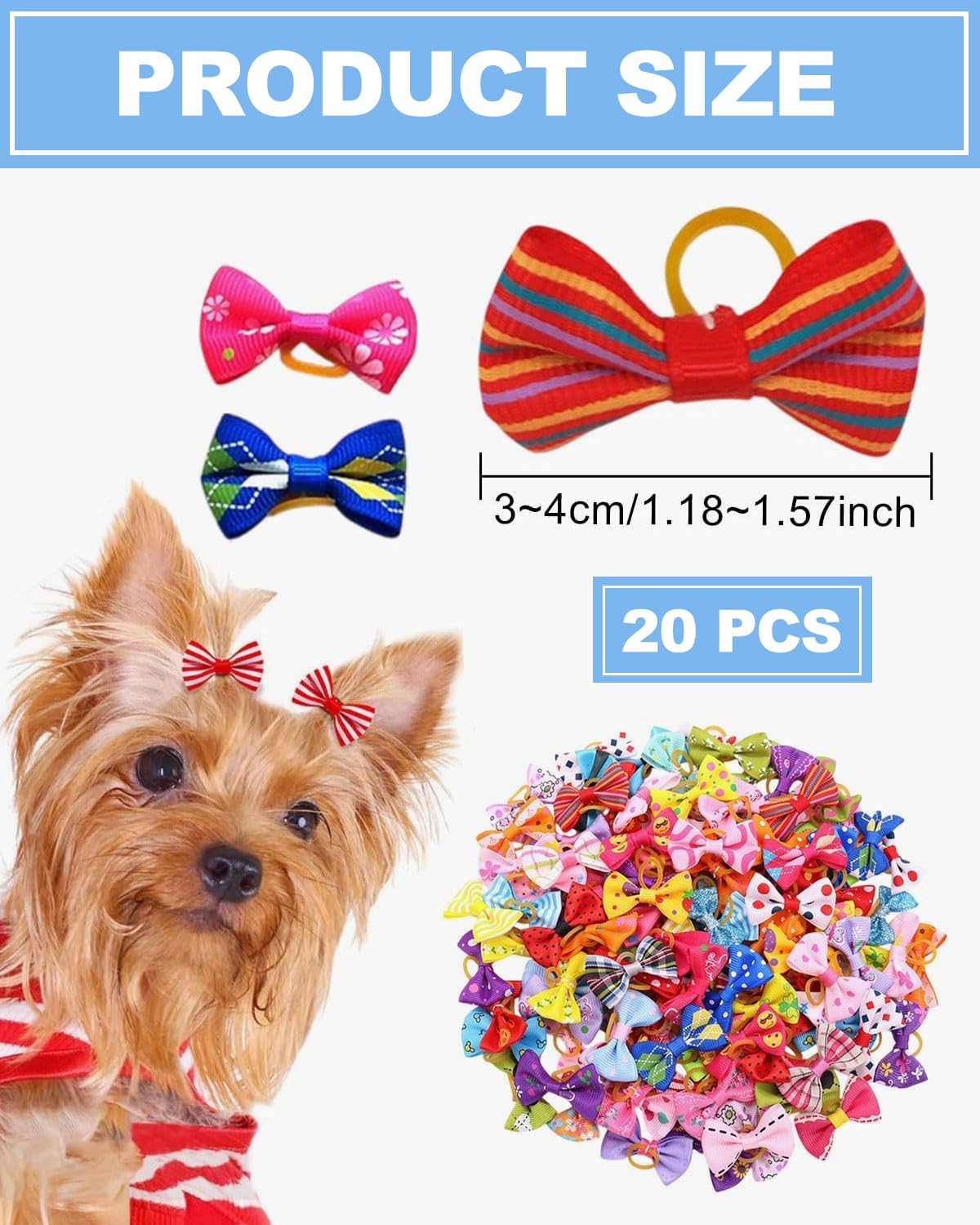 20 pièces Accessoires pour Cheveux de Chien Arc Coiffe, Corde À Cheveux pour Animaux De Compagnie Bowknot avec des Bandes de Caoutchouc pour Petits Chiens, Chats, Couleurs au Hasard