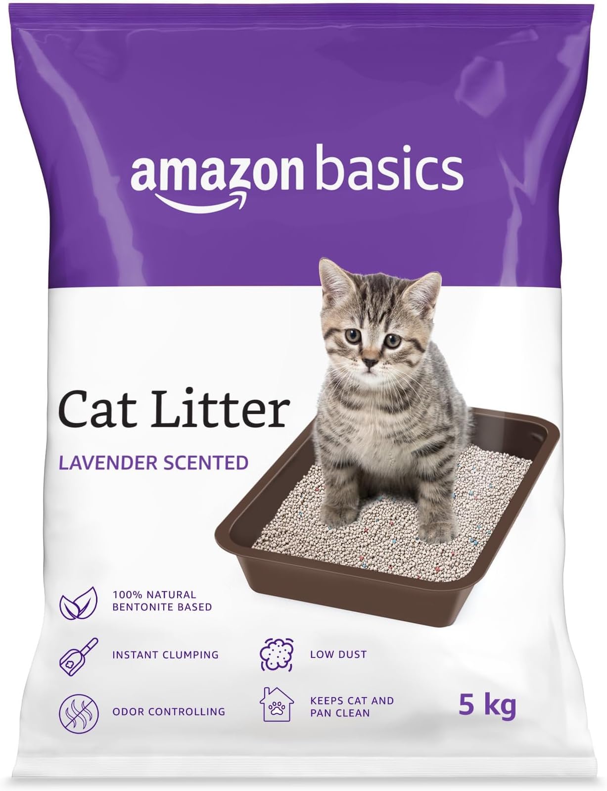 Amazon Basics Scoopable Smart White Bentonite Cat Litter | Lavender Fragrance | Scented Cat Litter | 5Kg - Pack of 1