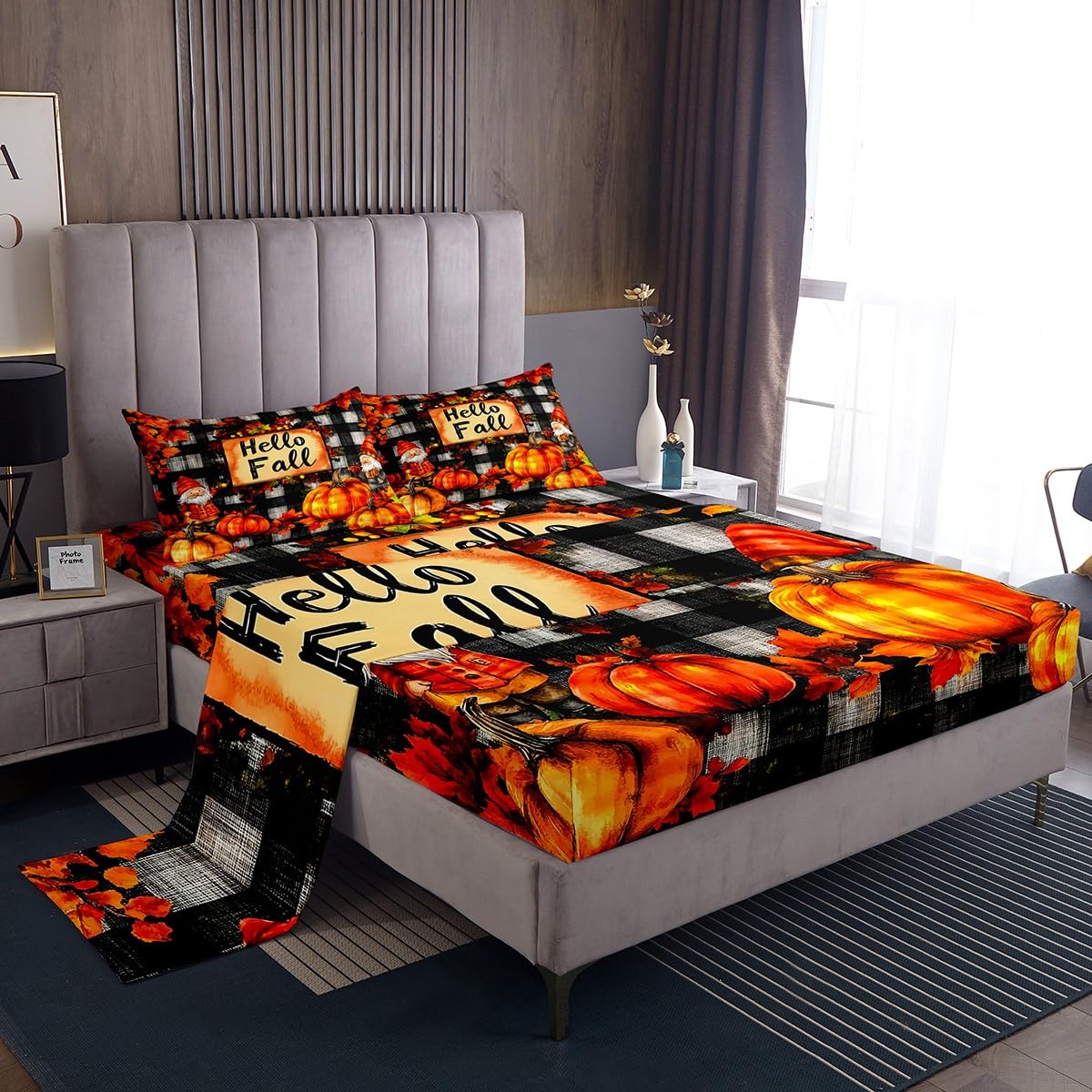 Erosebridal Gnome Bed Sheets Queen Size Fall Pumpkin Sheet Set Thanksgiving Sunflower Fruits Autumn Harvest Fitted Sheet for