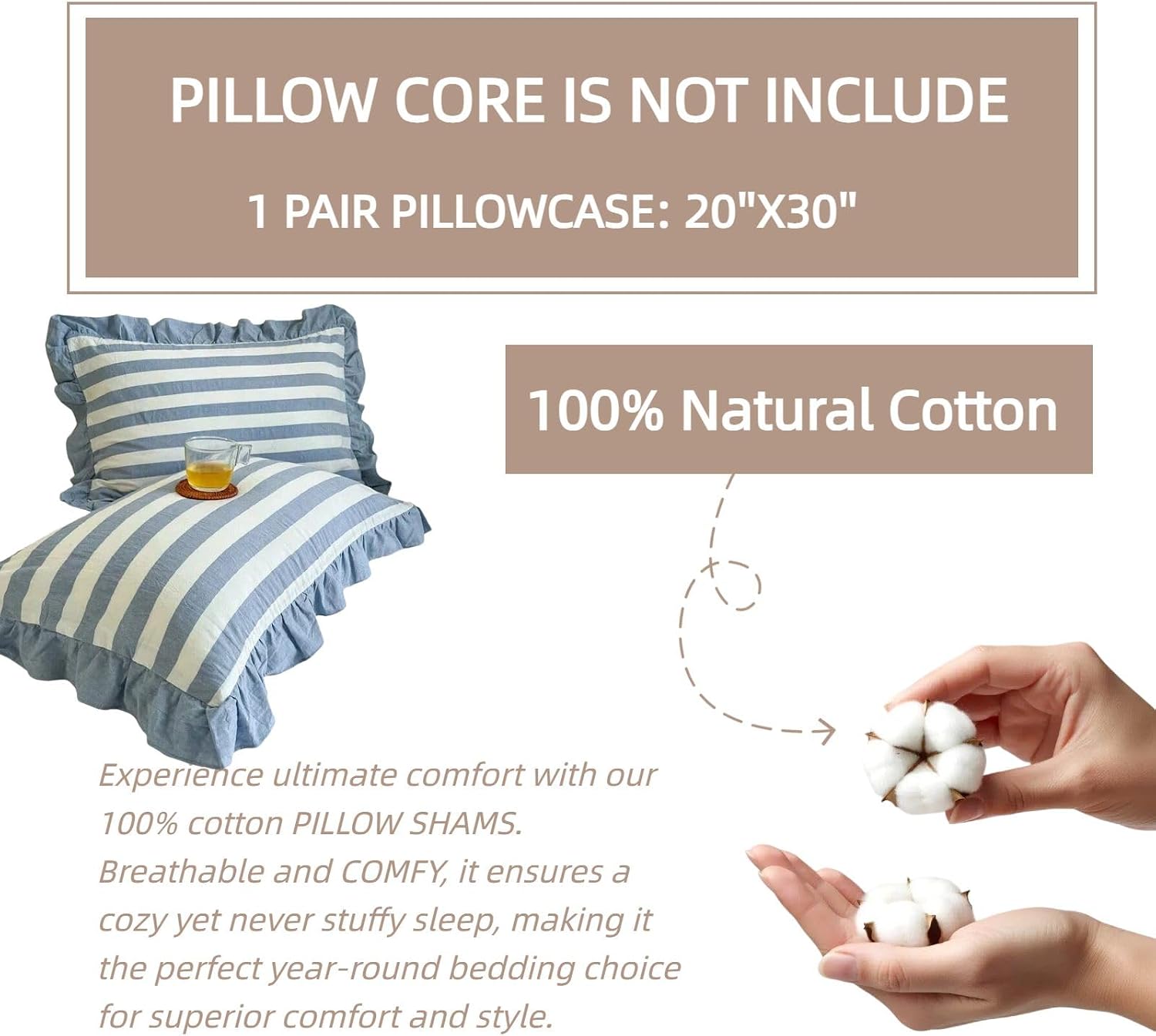 Pillow Cases 100% Cotton 2 Pcs Ruffle Striped Pillow Shams Chic Bedding