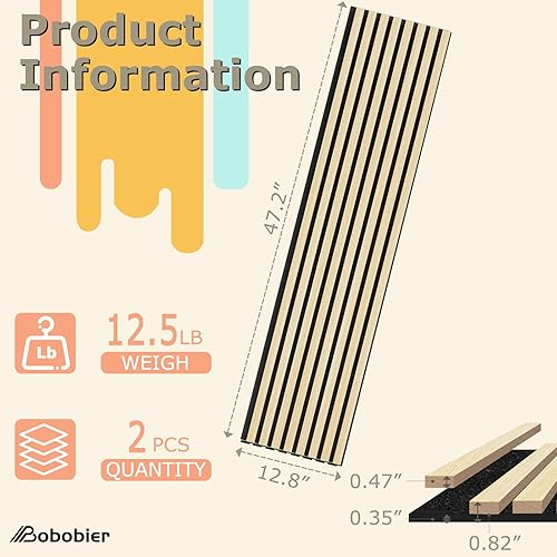 Miniatura 2 de Bobobier Panel de pared con listones de madera, paquete de 2 paneles de pared de madera acústica 3D, paneles acústicos de listones de madera de 47.2