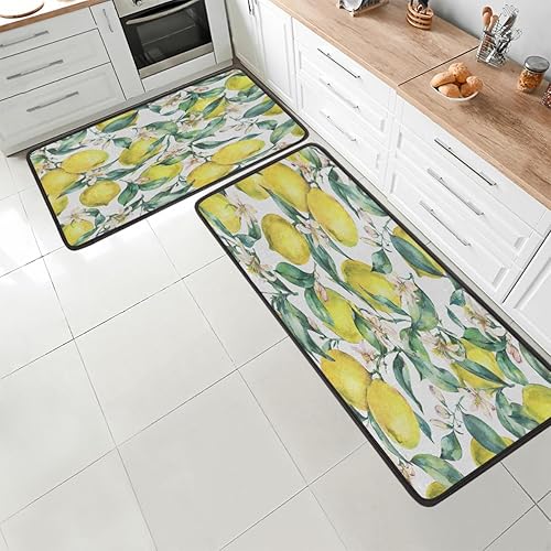 Miniatura 3 de Tapete de cocina con patrón de limón vintage, acolchado, antifatiga, juego de 2 piezas, duradero, resistente a las manchas, parte inferior