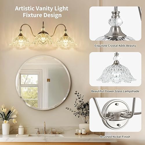 Miniatura 3 de Lámpara de tocador de baño de 3 luces de níquel cepillado con pantallas de vidrio transparente floral, iluminación de montaje en pared de níquel