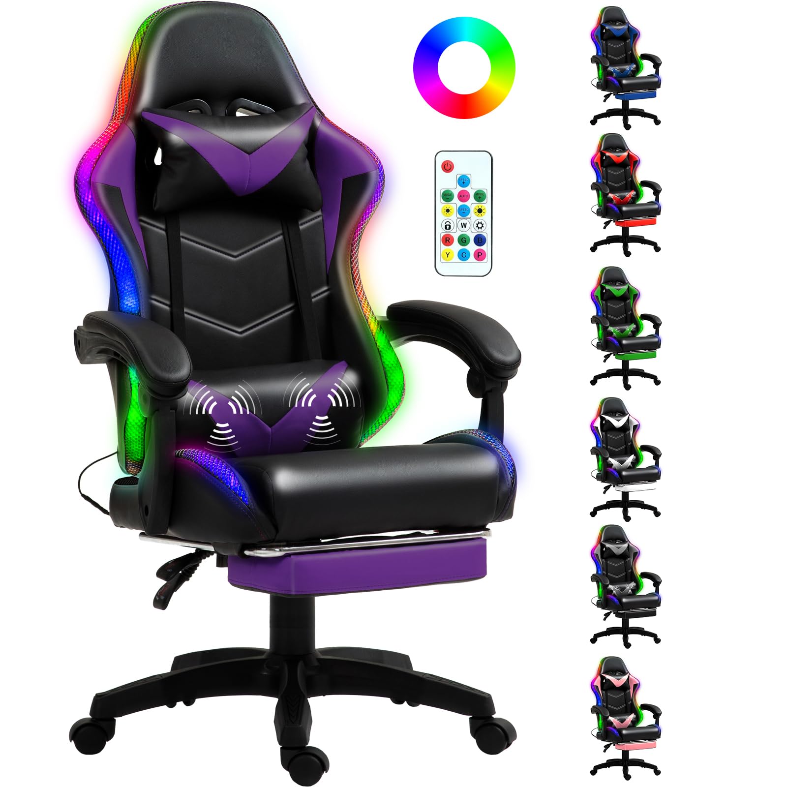 RGB LED Lights Gaming Chair with Footrest for Adults and Kids, Lumbar Support Massager Video Game Chair, High Back Reclining Gamer Chair with Headrest, Swivel Office Computer Desk Chair(Purple)