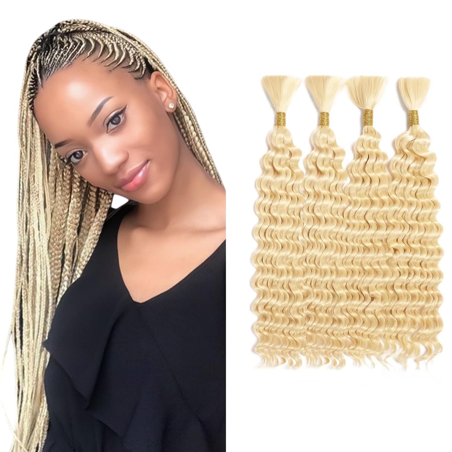 Tuheerst #613 Bleach Blonde Color Boho Braids Human Hair Extension Nice Texture 200g 4 Bundles/pack Unprocessed Deep Wave Human Braiding Hair For Women 12 12 12 12 Inch