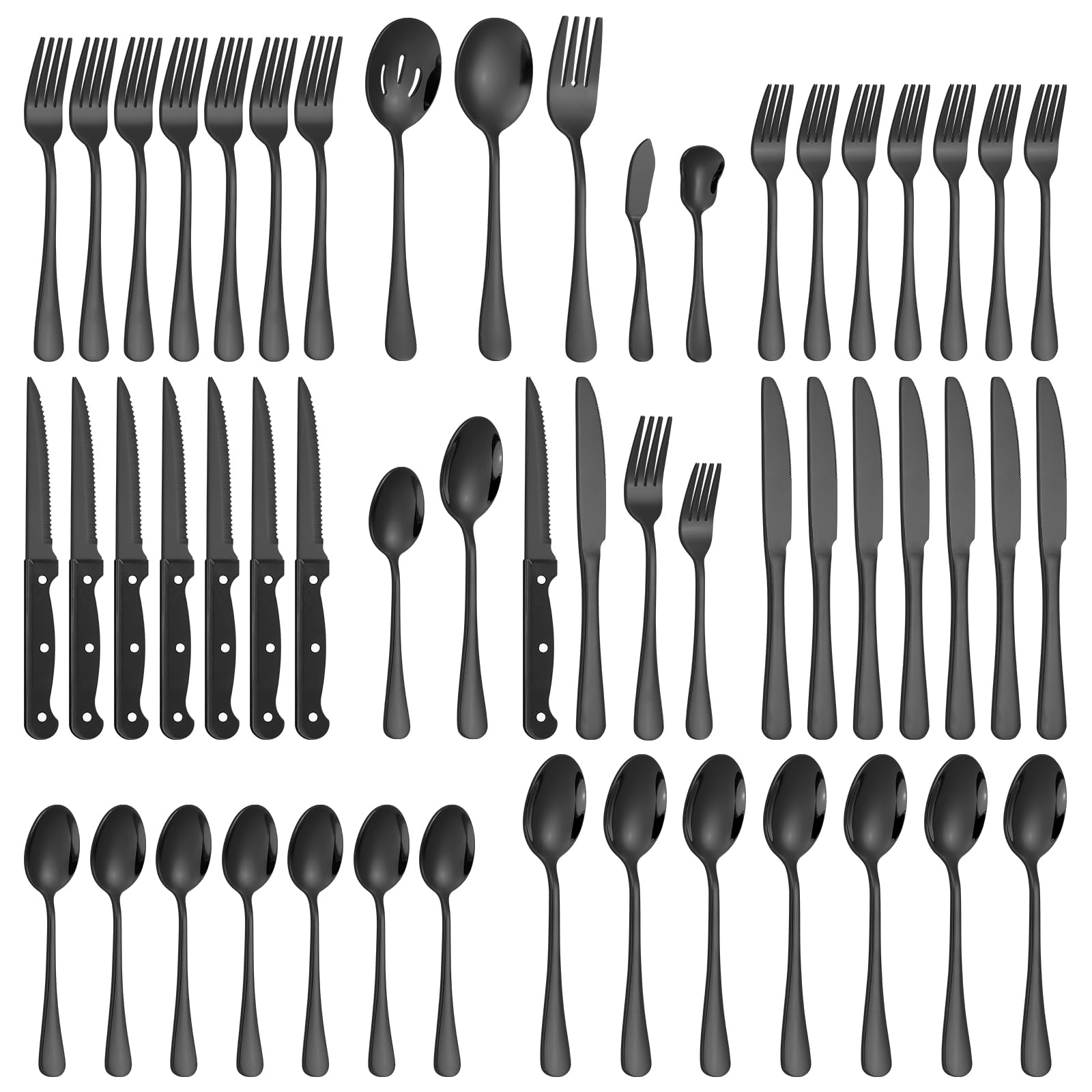Lazycorner 53 Piece Black Silverware Set for 8, Flatware Set with Steak Knives for 8 and 5 Serving Use Set 18/10 Stainless Steel Serving Utensils Set Cutlery Set For Restaurant Hotel Dishwasher Safe