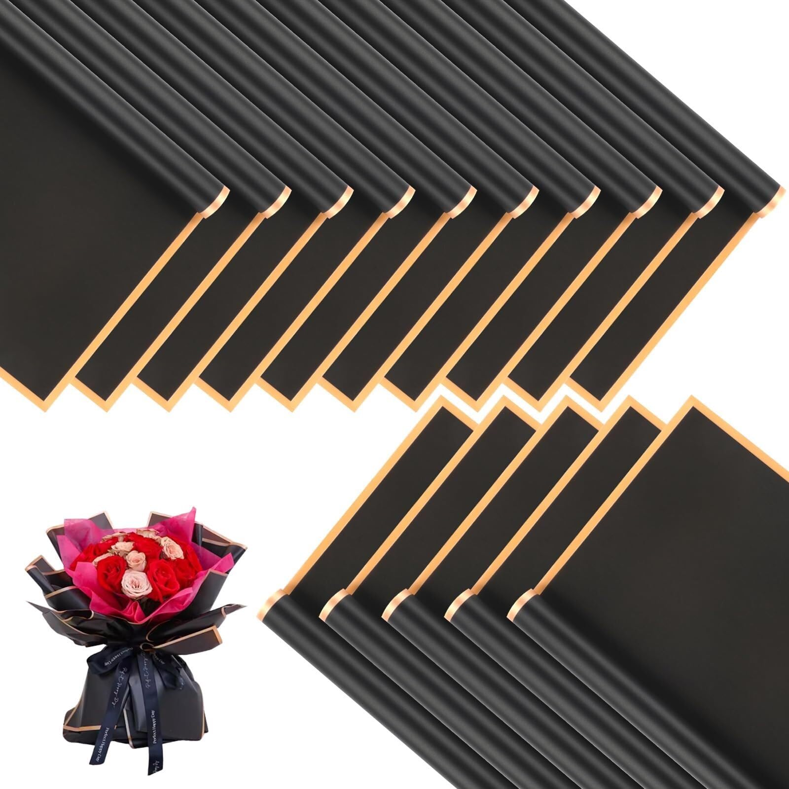 20 arkuszy czarny papier do pakowania kwiatów ze złotymi krawędziami, materiały do ​​bukietów kwiaciarni, wodoodporne opakowania, idealne do majsterkowania(15-Black-20pcs)