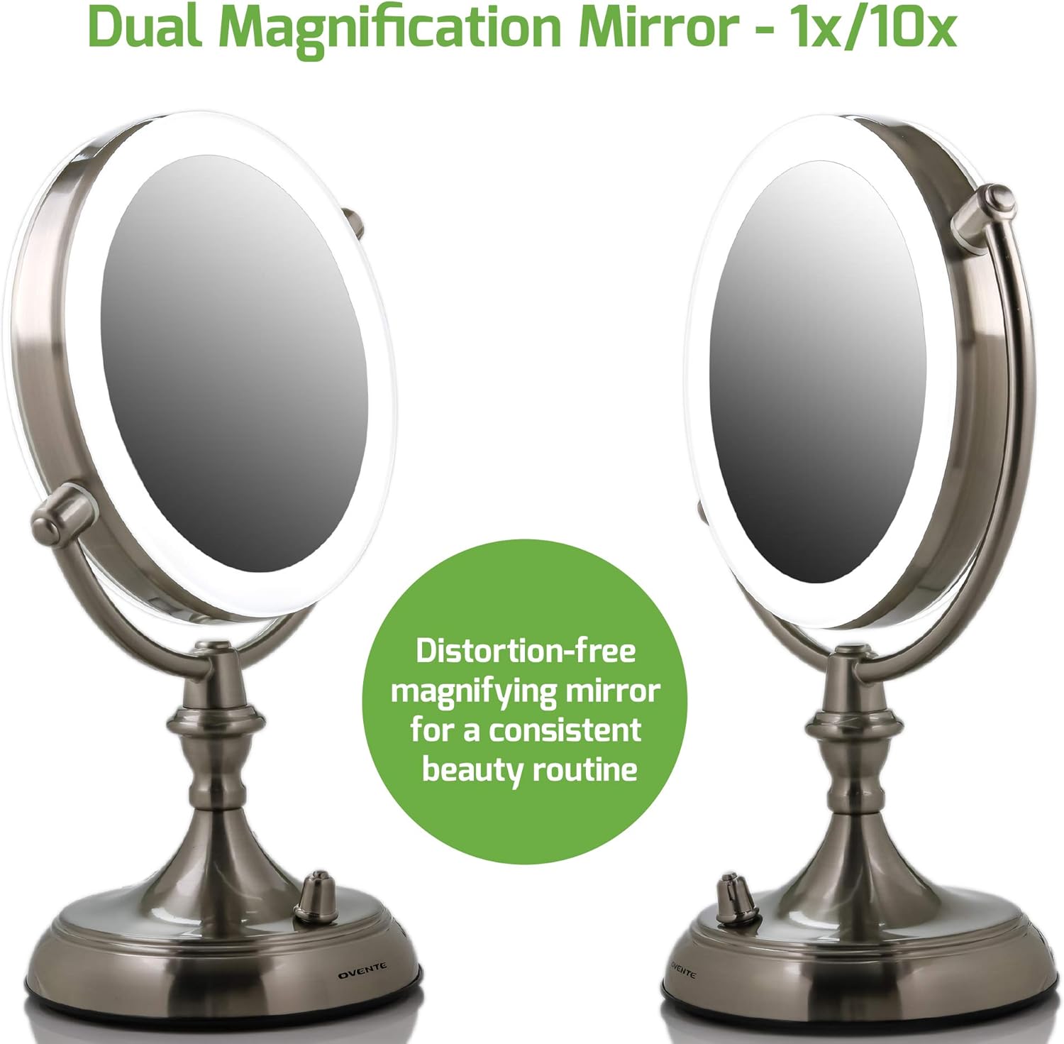 OVENTE 7" Lighted Tabletop Makeup Mirror with 1X/10X Magnification, Double-Sided Magnifying Vanity Mirror with Dimmable LED Lights, 360° Swivel Design & Dual Power Supply, Nickel Brushed MGT75BR1X10X