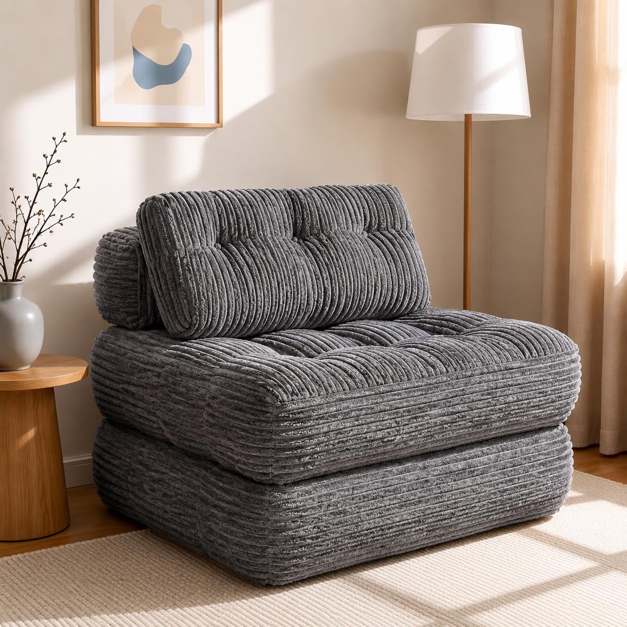 Claiks Chair Bed Single Sofa Bed with Pillow, Corduroy, Grey