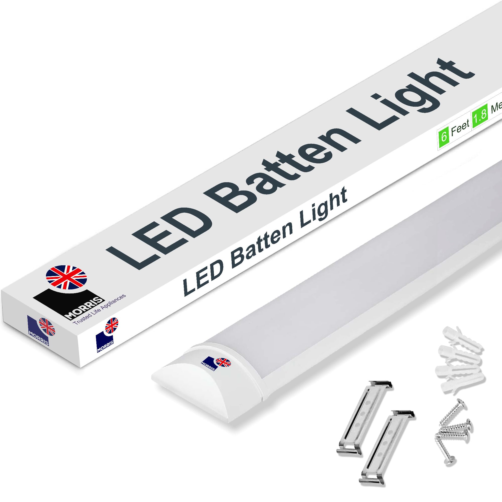 Morris LED Batten Light 6ft - 60W 7200LM, IP20 Rated, 6500K Bright White, Ultra-Bright Single Light for Warehouses, Factories, Workshops - Value Range