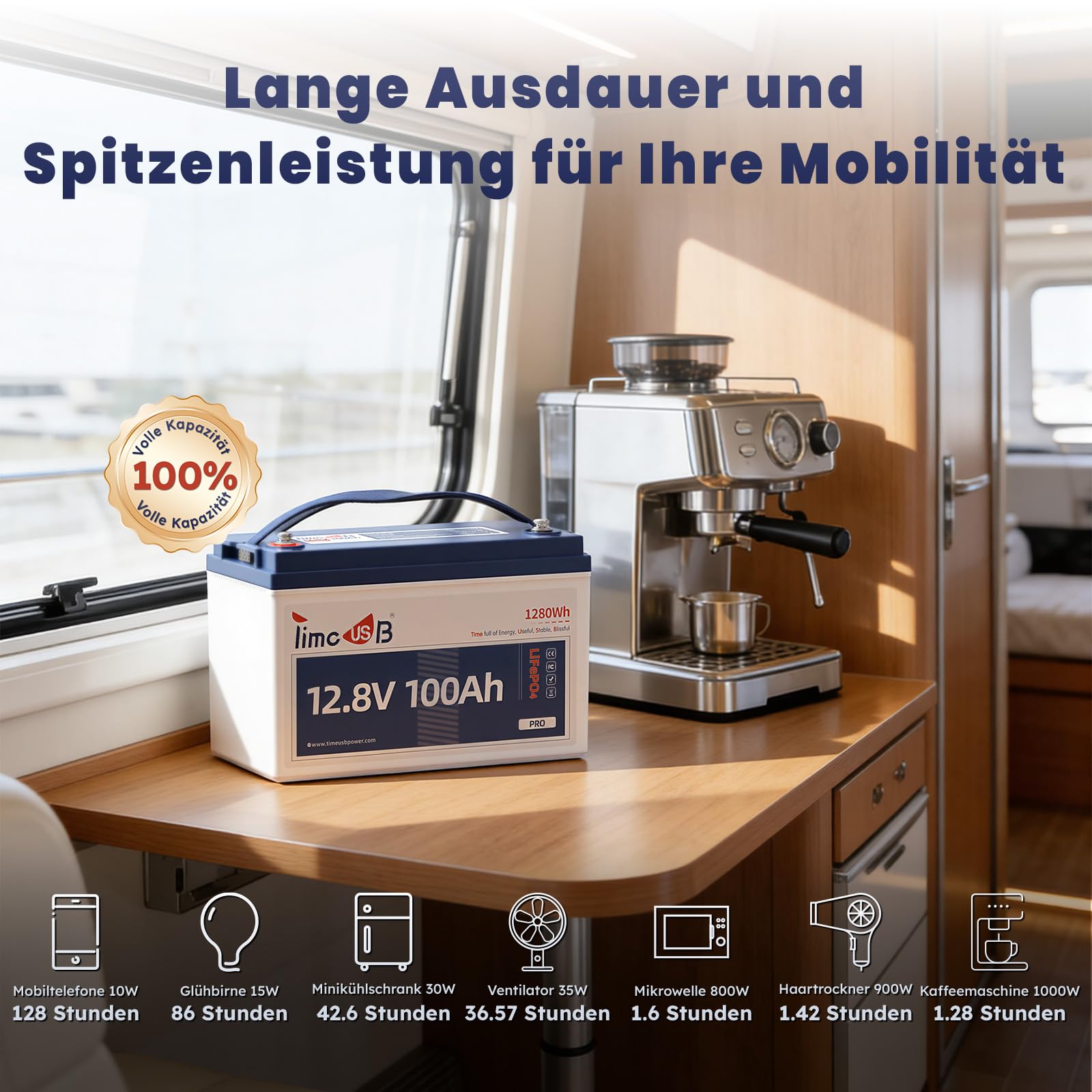 Timeusb LiFePO4 12V 100Ah Gruppe 31 Lithium Batterie für Wohnmobil Boot | Integrierter 100A BMS,4000–15000 Zyklen,Wasserdicht nach IP65,1280Wh Lithium Ionen Akku für Solaranlagen und Off-Grid