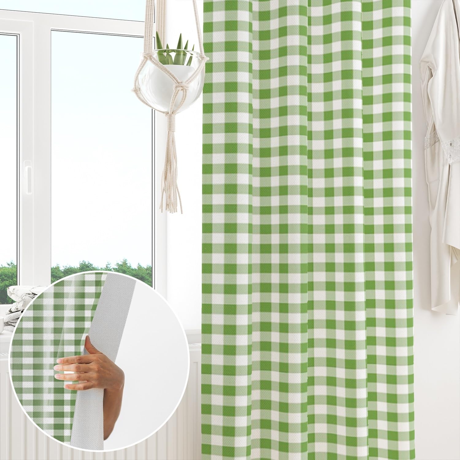 ggaimwf Sage Green Curtains for Bedroom Check Drape Curtains Gingham Plaid Vintage Window Treatment Country House Style Living Room Patio Hallway Room Divider Curtain Rod Pocket 117x183cm 1 Panel - Image 4