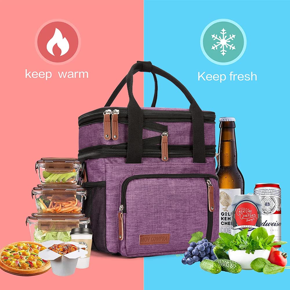 MOV COMPRA Movcompra torba na lunch dla kobiet, izolowane pudełko na lunch do pracy, fioletowe, rozszerzalne, duże torby na lunch, szczelna, dwupokładowa, torba chłodząca