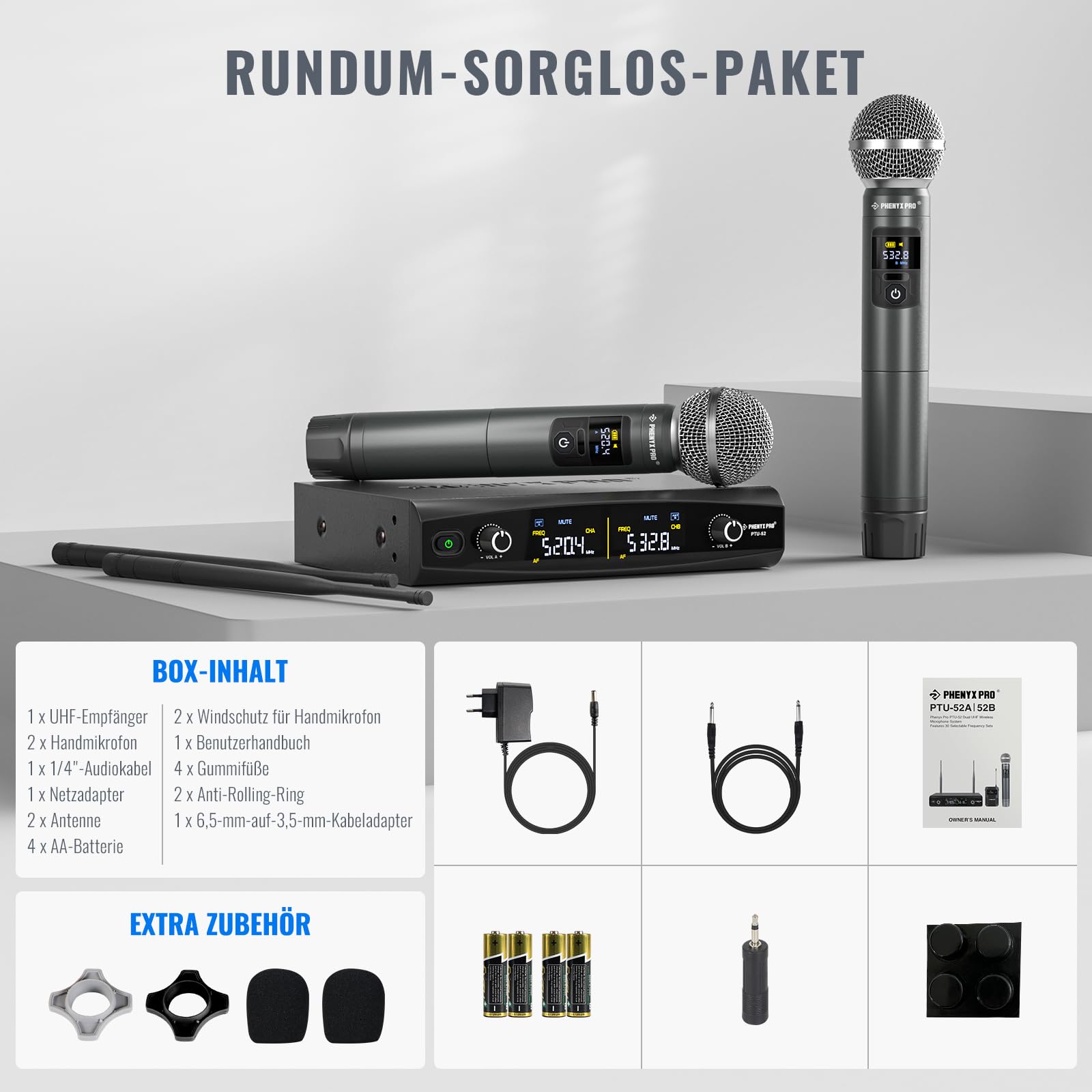 Phenyx Pro Drahtloses Mikrofonsystem, kabelloses Handmikrofon-Set, 2x30 UHF Frequenzen, 200ft Reichweite (PTU-52)