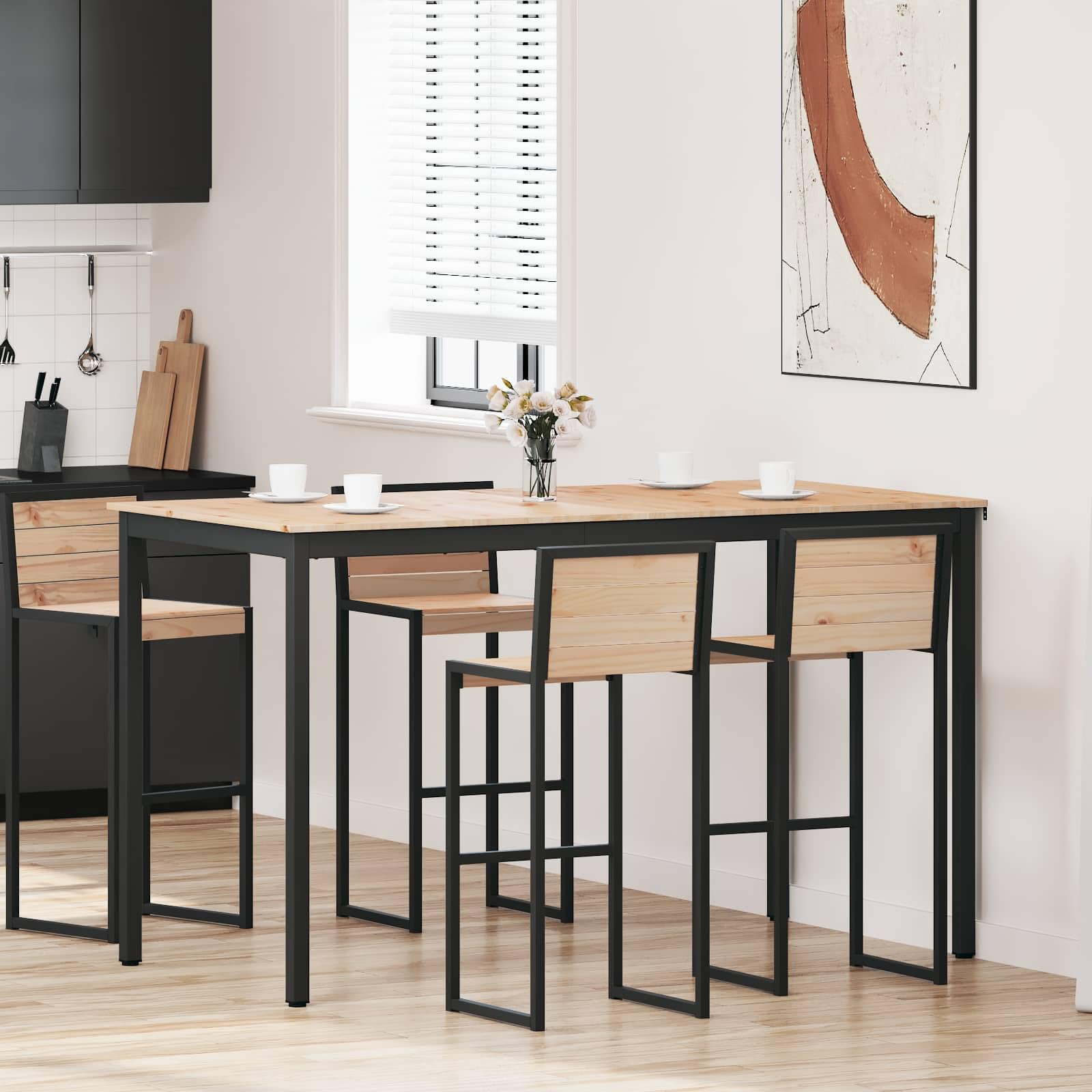 Mesa de bar natural de 180 x 90 x 105 cm, madera de pino maciza, moderna con patas de metal, mesa grande para cocina y comedor, mesa alta de estilo industrial