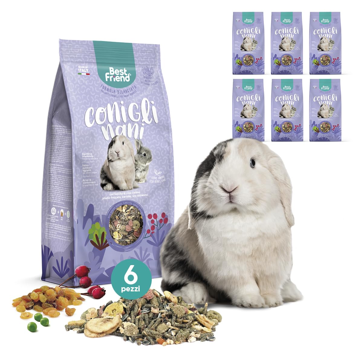 Best Friend Aliment Complet pour Lapins Nains avec Baies de Rose musquée, Pois floqué, caroube, Raisin sultanine. Aliments pour rongeurs avec ingrédients naturels, fabriqués en Italie | Lot de 6