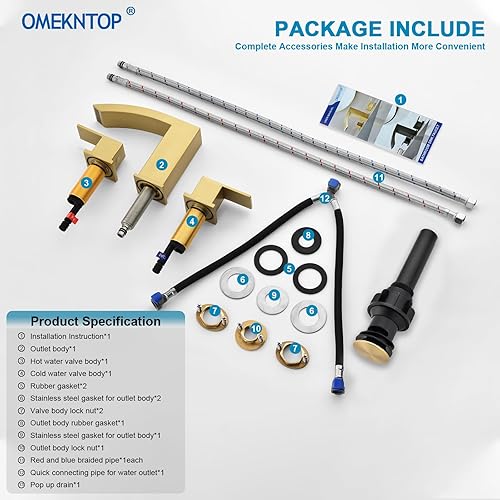 Miniatura 6 de OMEKNTOP Grifo de baño de 3 agujeros, grifo de lavabo de baño con drenaje desplegable de 8 pulgadas, grifo de cascada generalizado de 2 manijas con