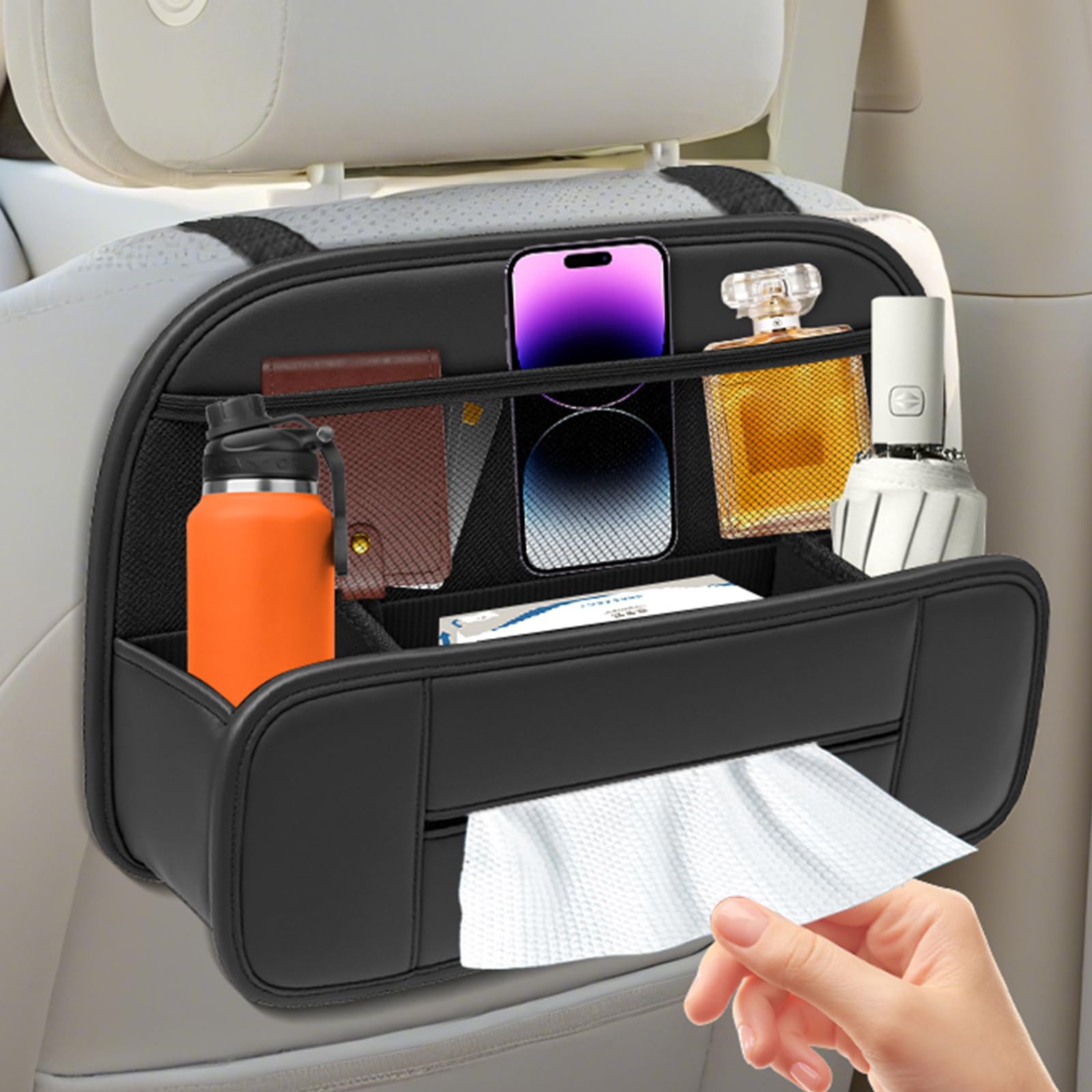 FLORICH Autositz Organizer, Rückenlehnenschutz Mehrfach Taschen Organizer PU Leder, Multifunktional Wasserdicht Universal passend für Autofahrten mit Kindern (Schwarz, 1 Stück)
