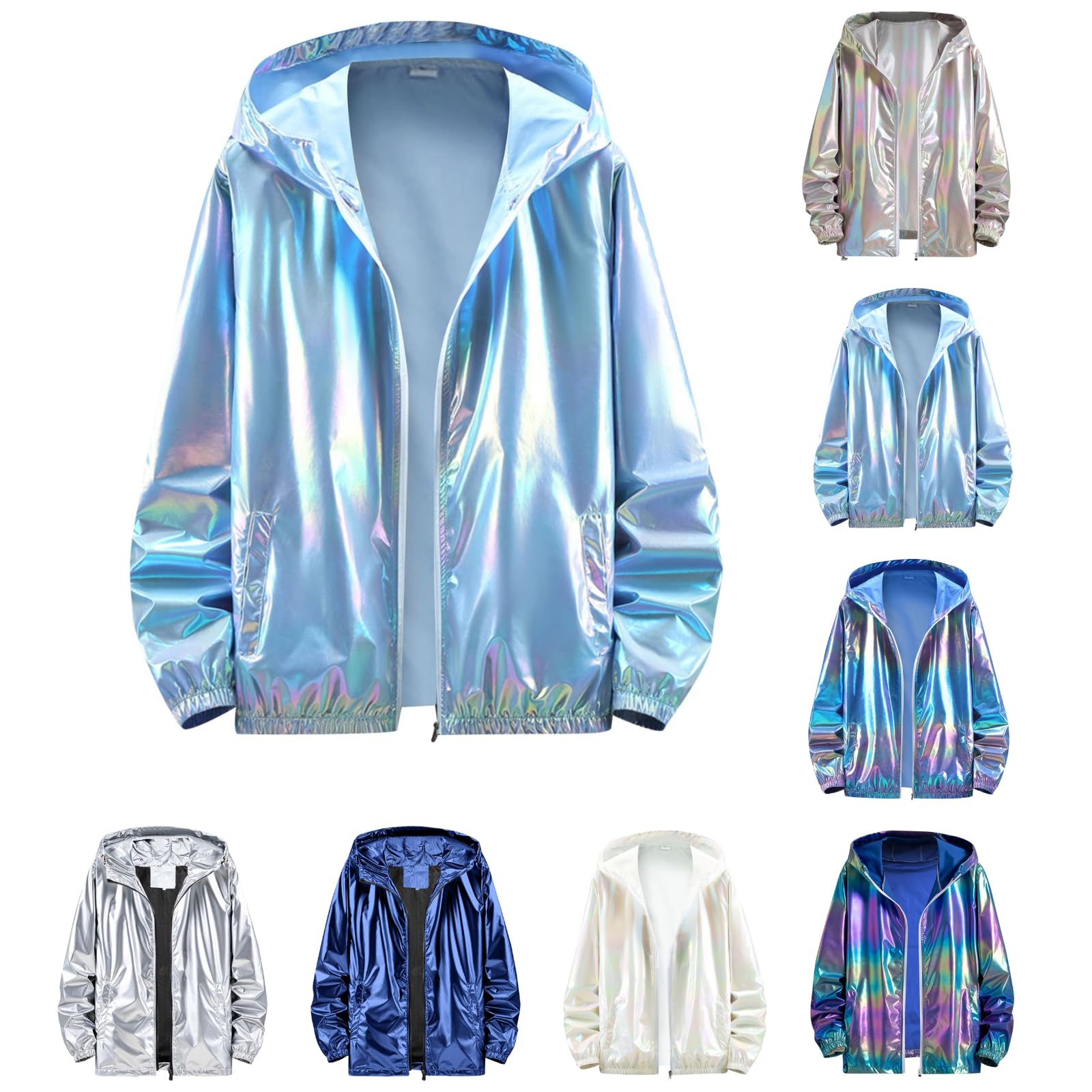 Silver Metallic Glitter Jacket Men Women Carnival Costume 80s 90s Disco Bomber Jacket with Hood Zip Sequins Vintage Sports Jacket Wind Jacket Long Sleeve Coat Winter Jacket Streetwear, Light blue #3