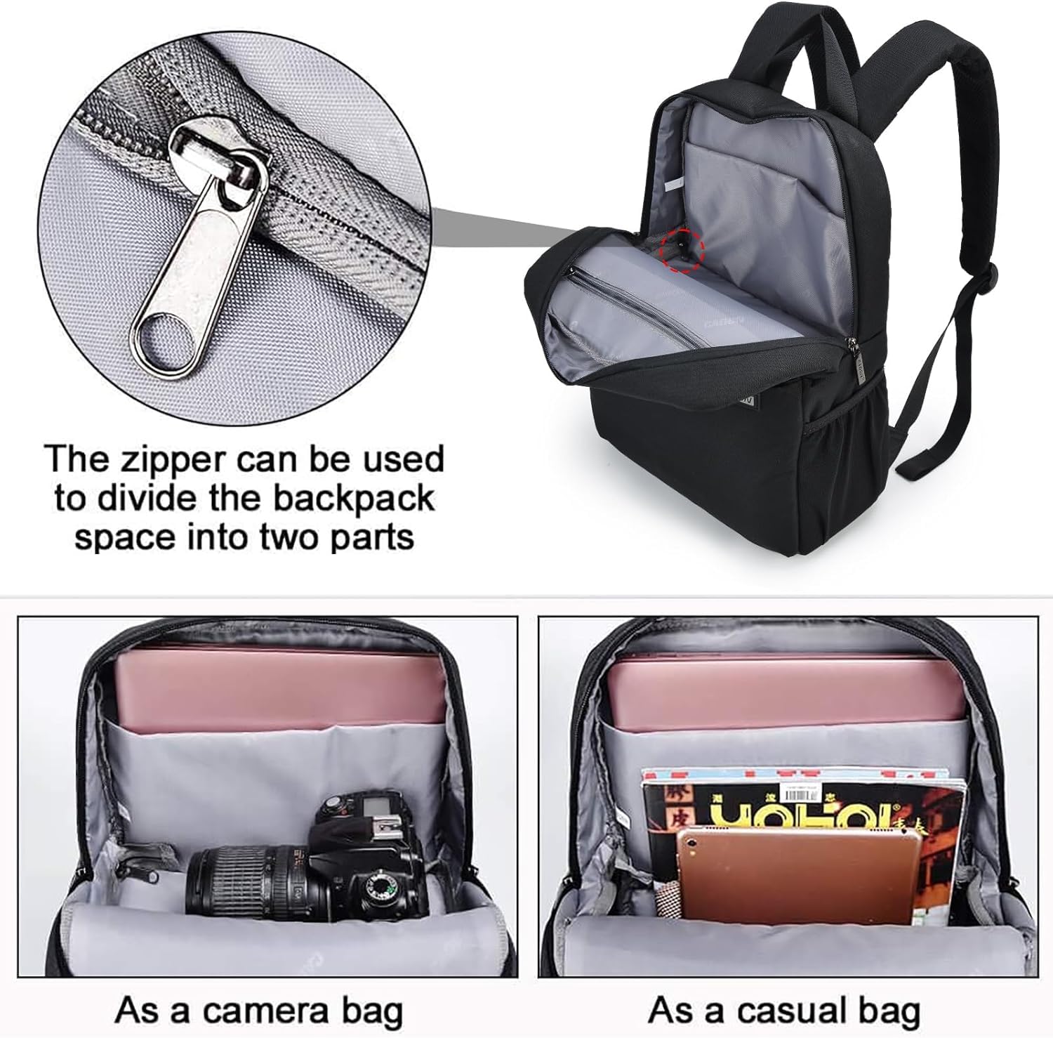 Kamerarucksack, CADeN Wasserdicht Kameratasche Dual Use SLR Bag Diebstahl Fotorucksack Kompatibel mit spiegelreflexkamera Canon Nikon Sony Stativ(Schwarz)