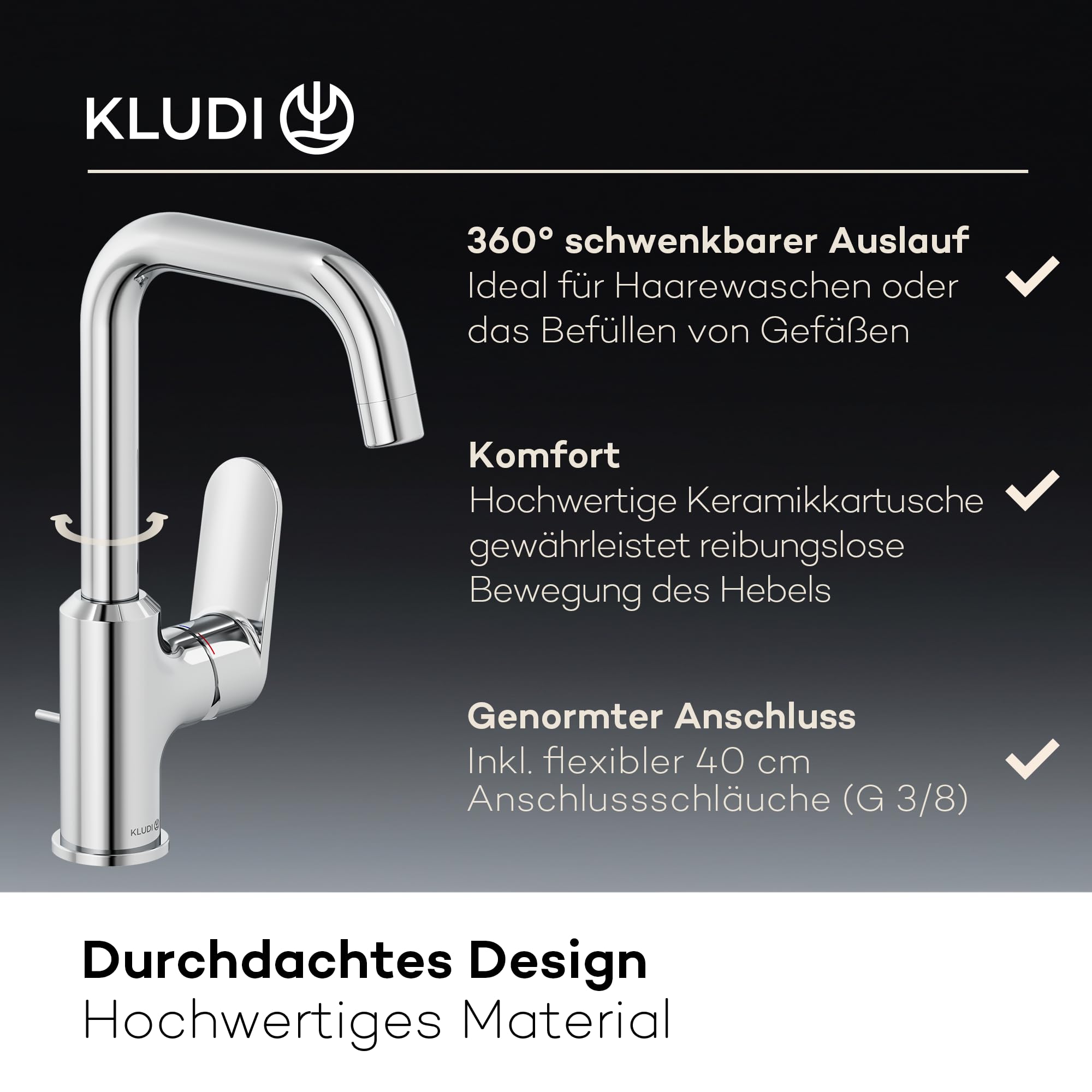 KLUDI-X1 Wasserhahn Bad mit Zugstangen-Ablauf, 360° schwenkbar, Auslaufhöhe 205 mm, wassersparende Waschtischarmatur Größe L, Mischbatterie Waschbecken inkl. Anschlussschläuche in Chrom