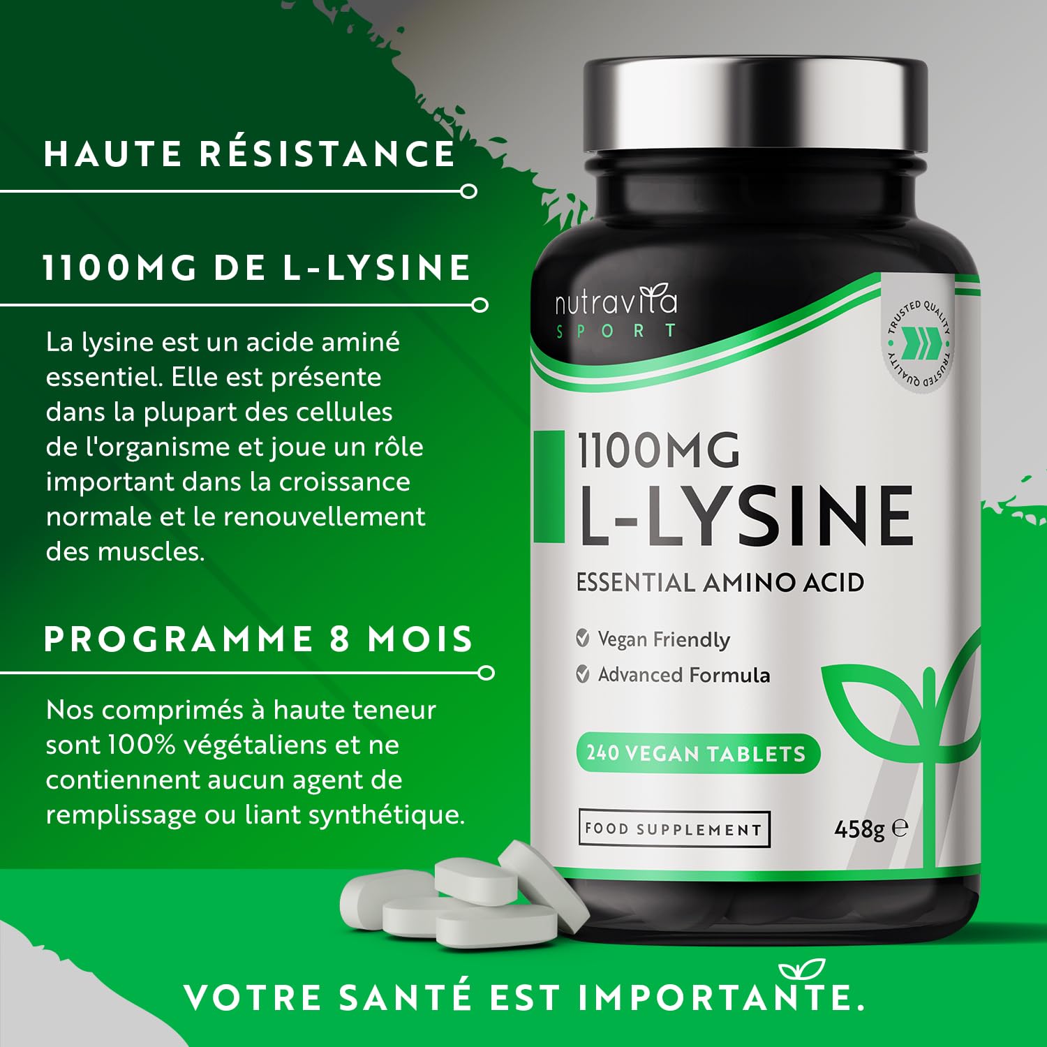 L-Lysine 1100mg Hautement Dosé - 240 Vegan comprimés - Supplément d'acides aminés essentiels L Lysine - Croissance normale et rotation musculaire - Sans Additifs - Fabriqué par Nutravita